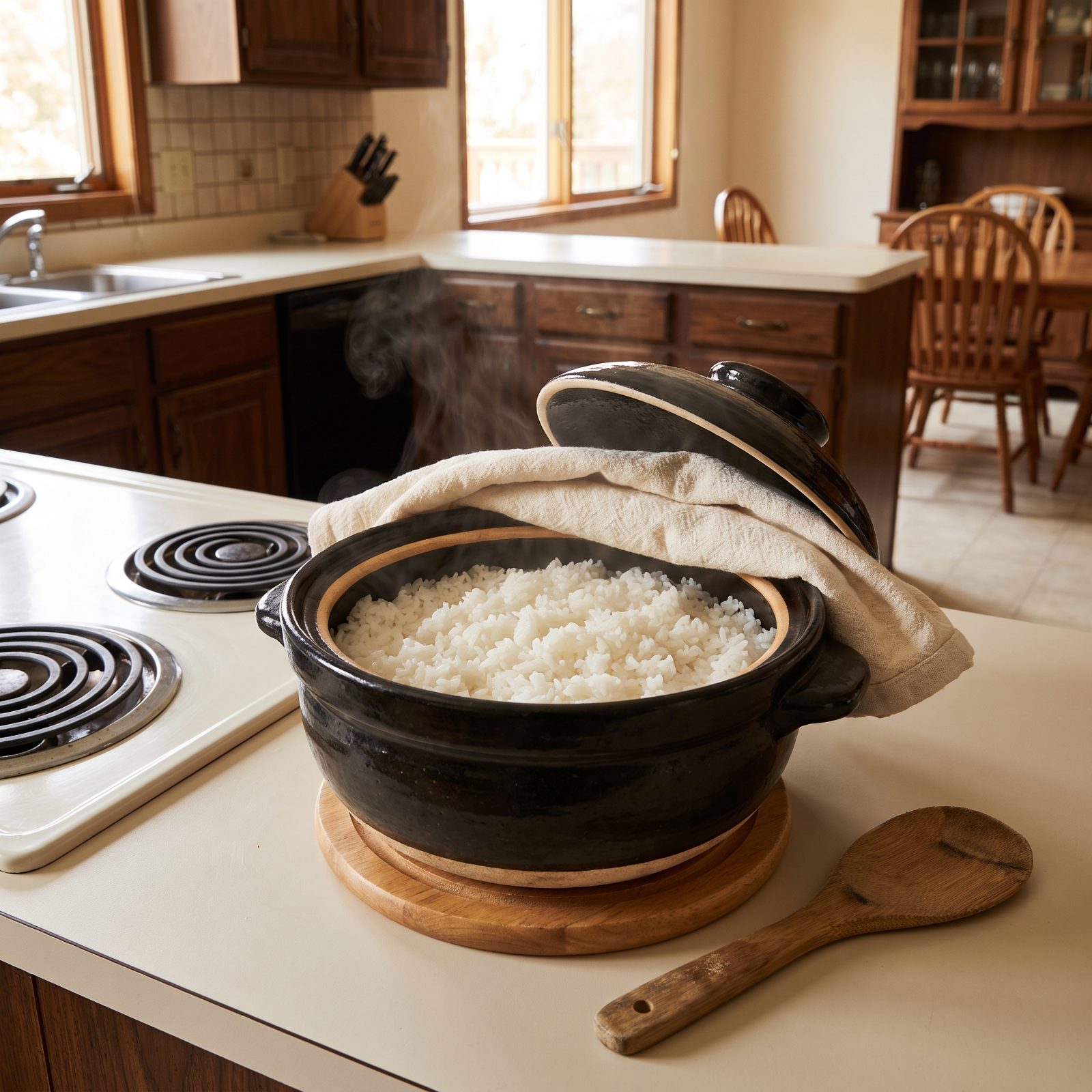 Rest Cooked Rice Off the Heat Under a Towel to Catch Condensation