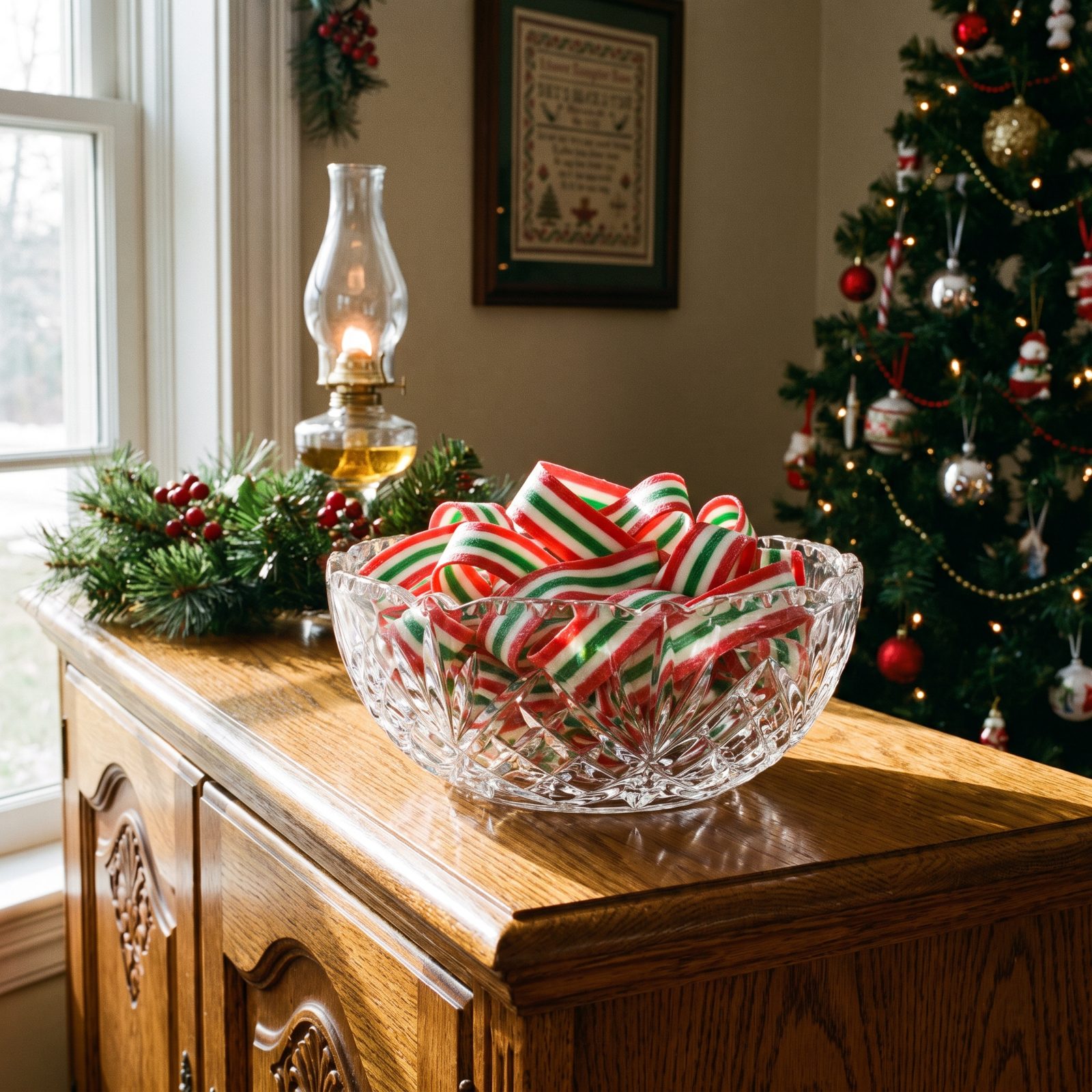 Ribbon Candy Folding in a Cut-Glass Dish