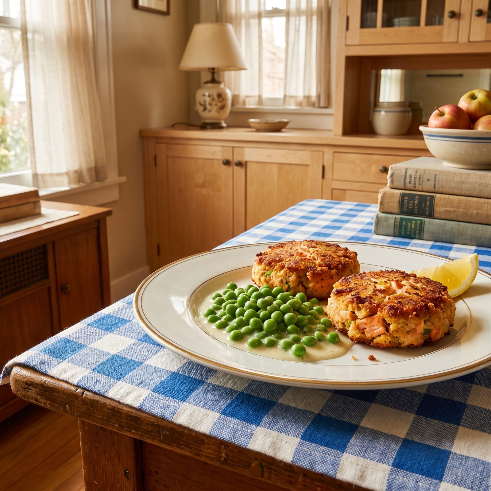 Salmon Patties With a Side of Creamed Peas