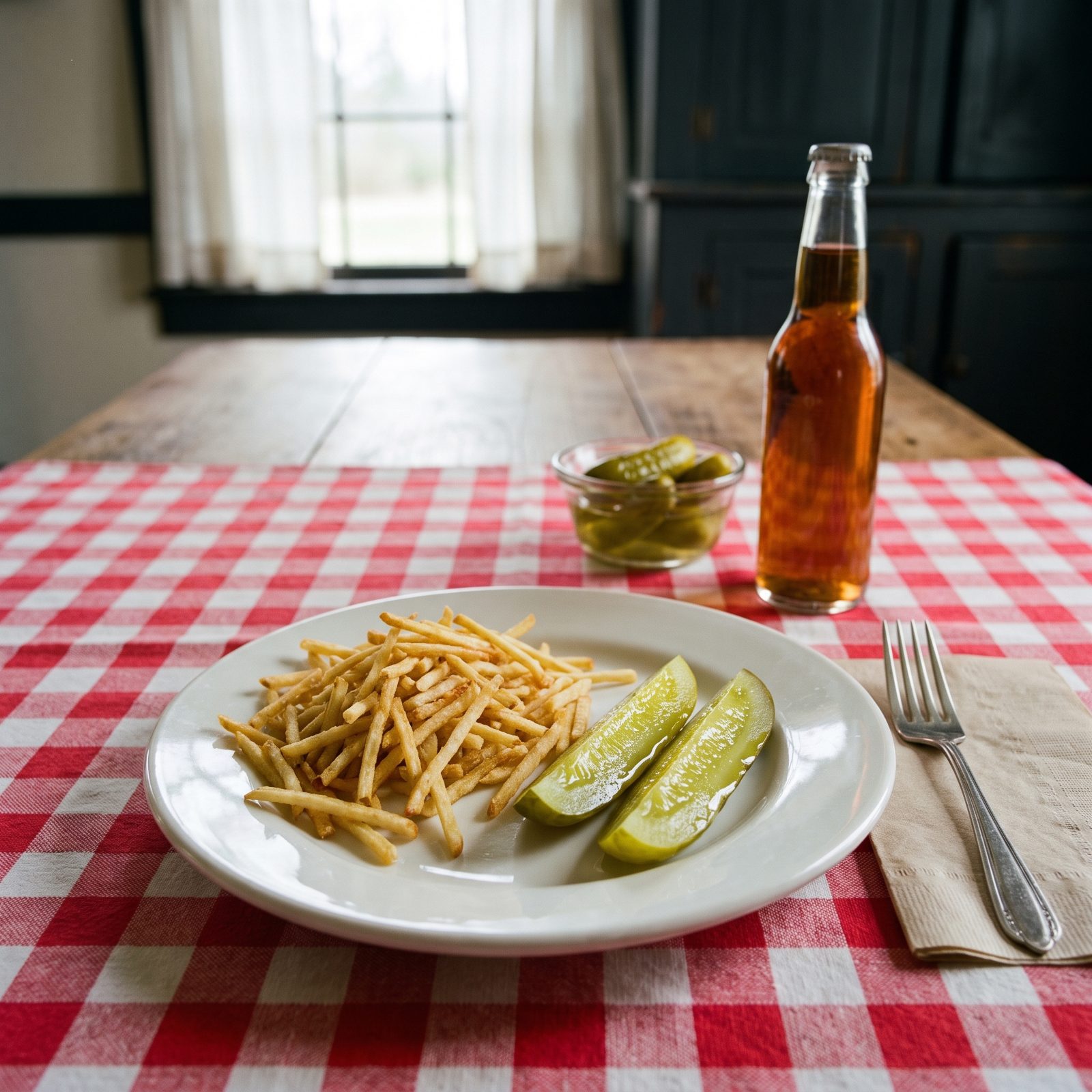 Saturday's Shoestring Potatoes and a Spear of Dill Pickle