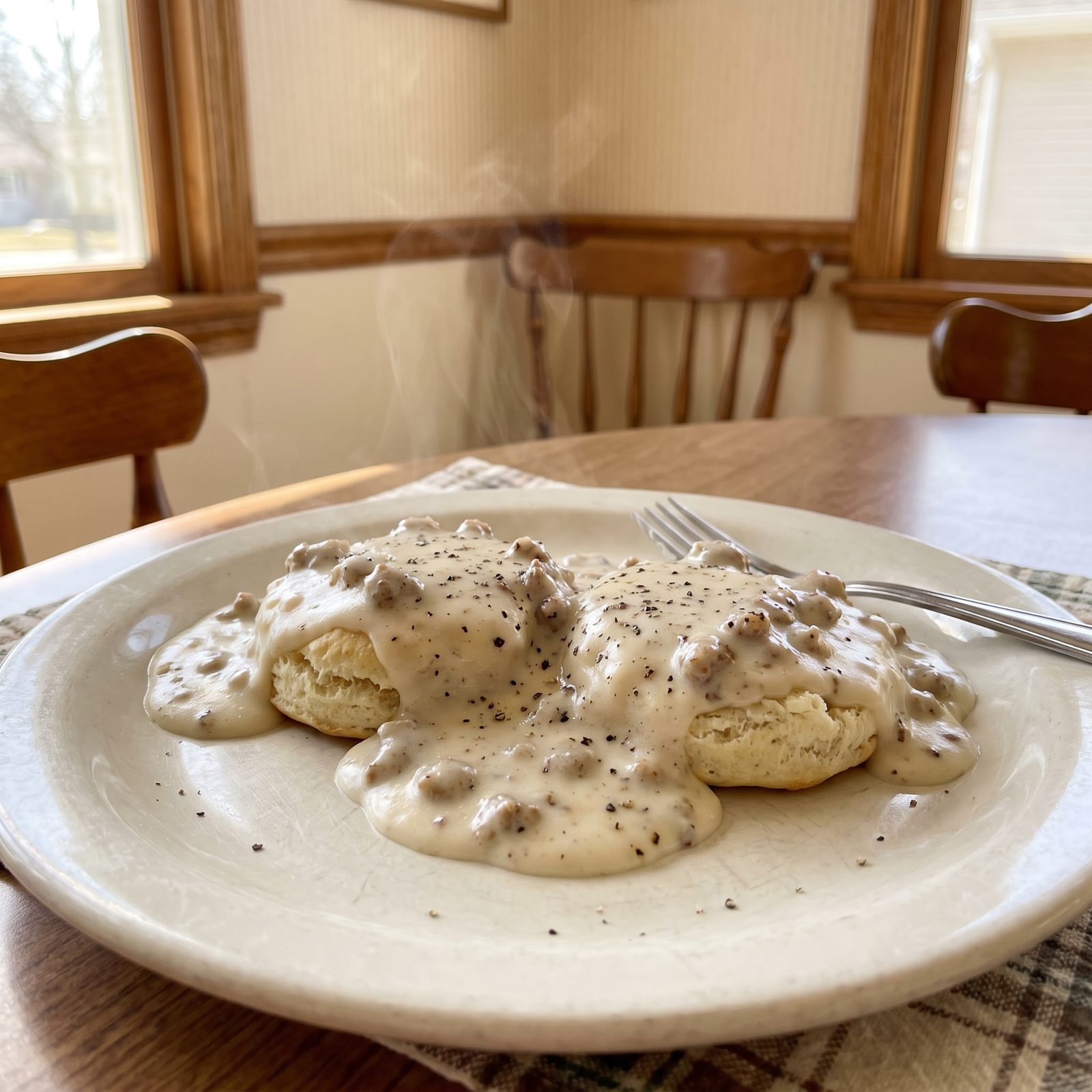 Sausage Gravy Poured Over Split Biscuits