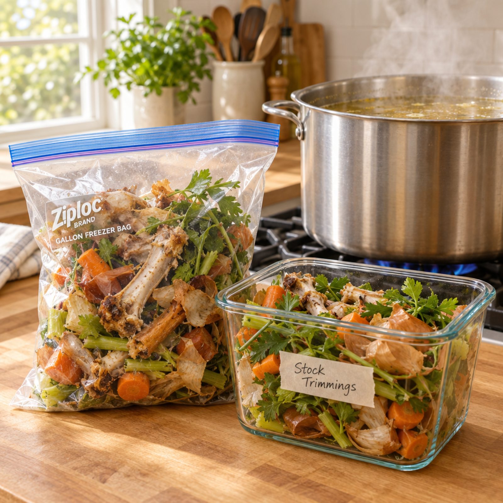 Saving Bones and Vegetable Trimmings for Stock