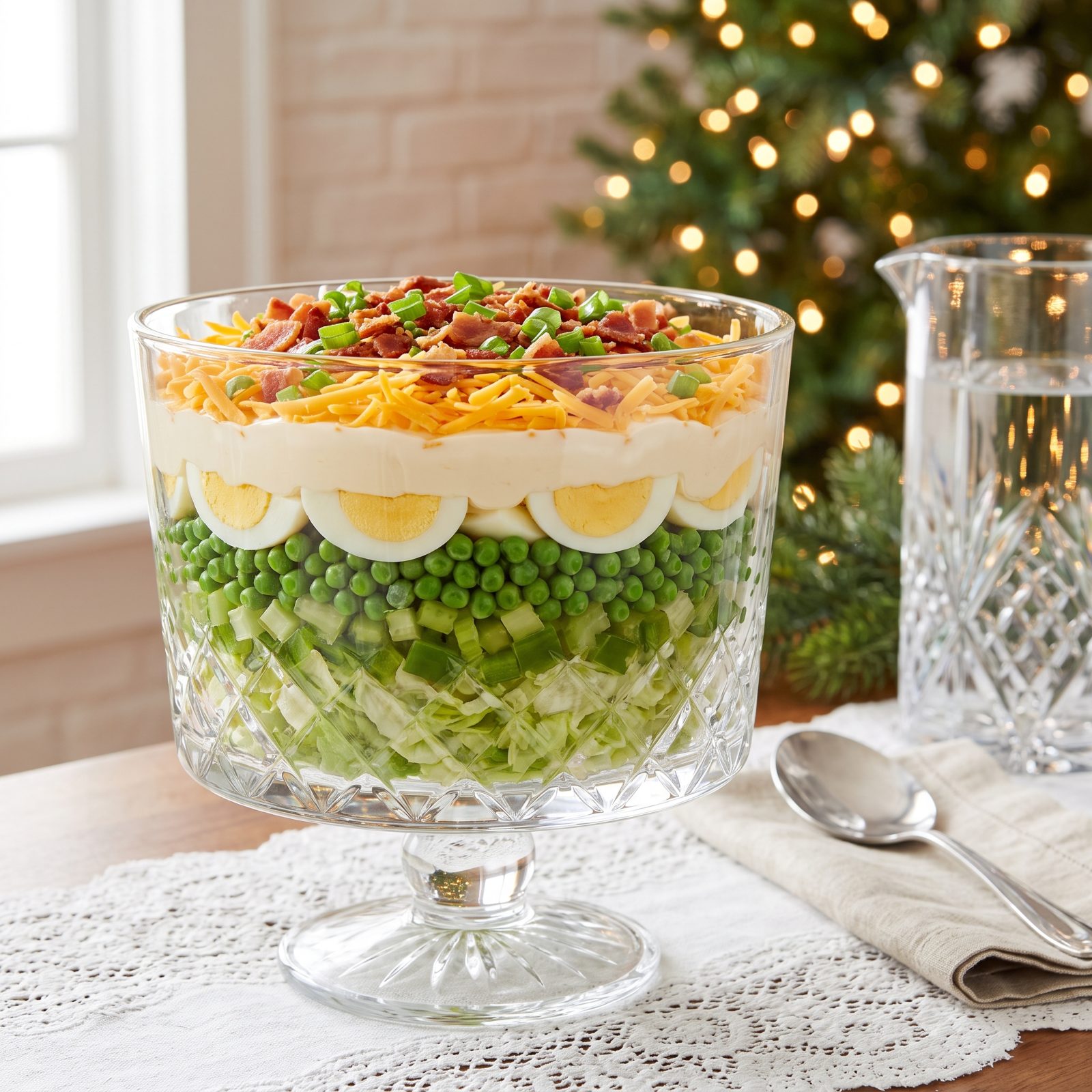 Seven-Layer Salad Built in a Glass Trifle Bowl
