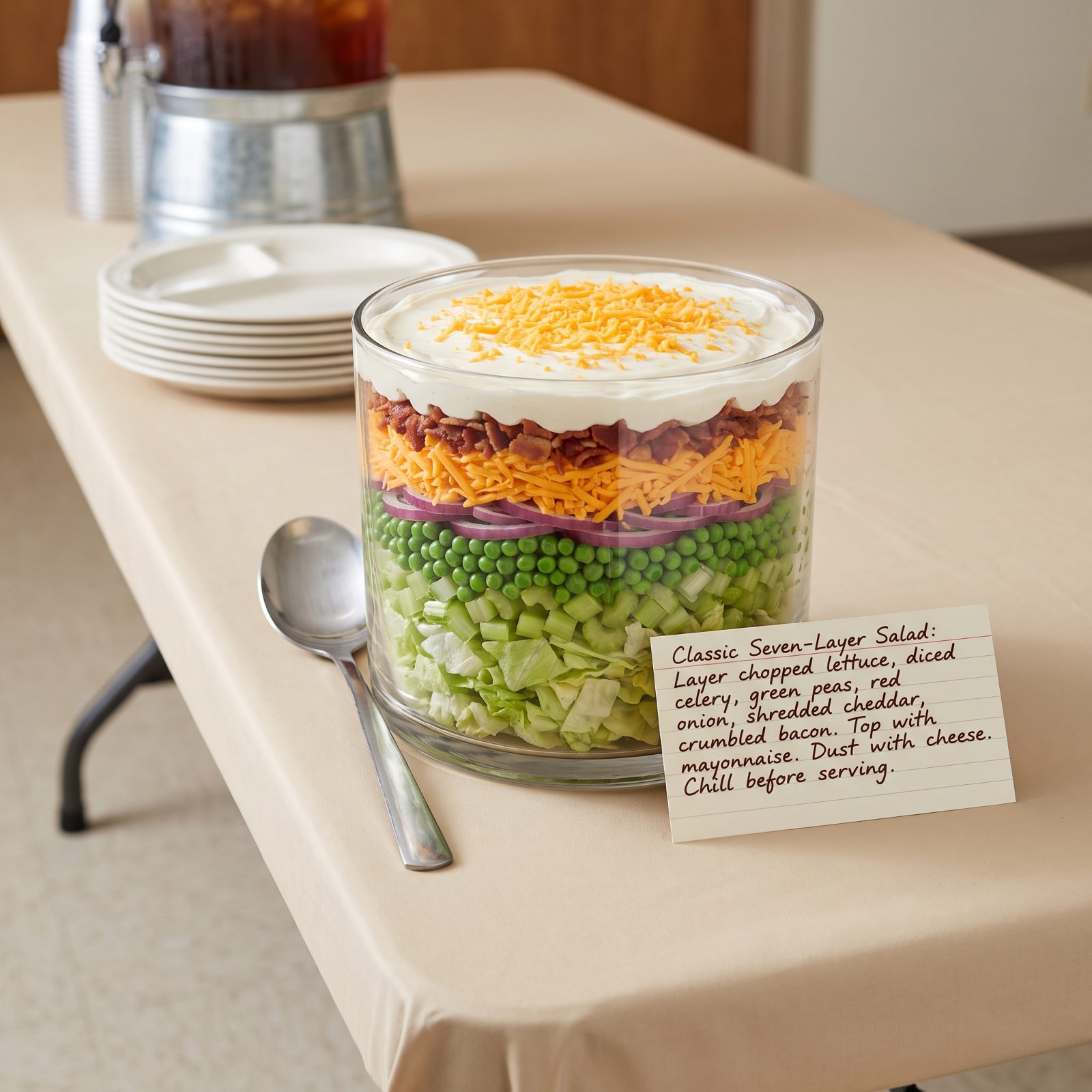 Seven-Layer Salad Sealed Beneath a Mayonnaise Topping