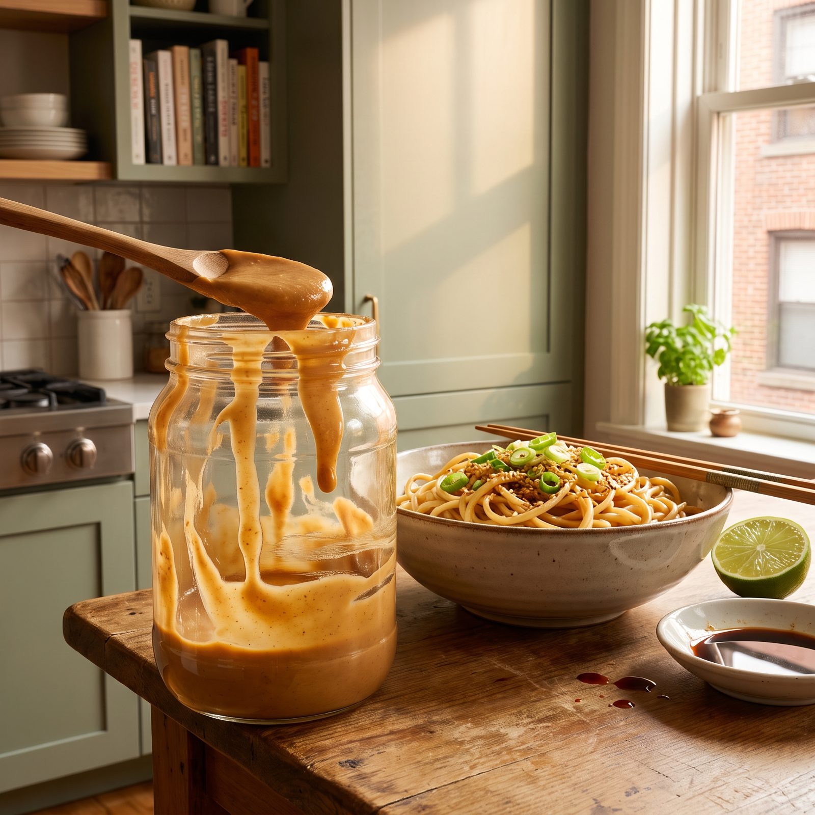 Shake Noodle Sauce Inside a Nearly Empty Peanut Butter Jar