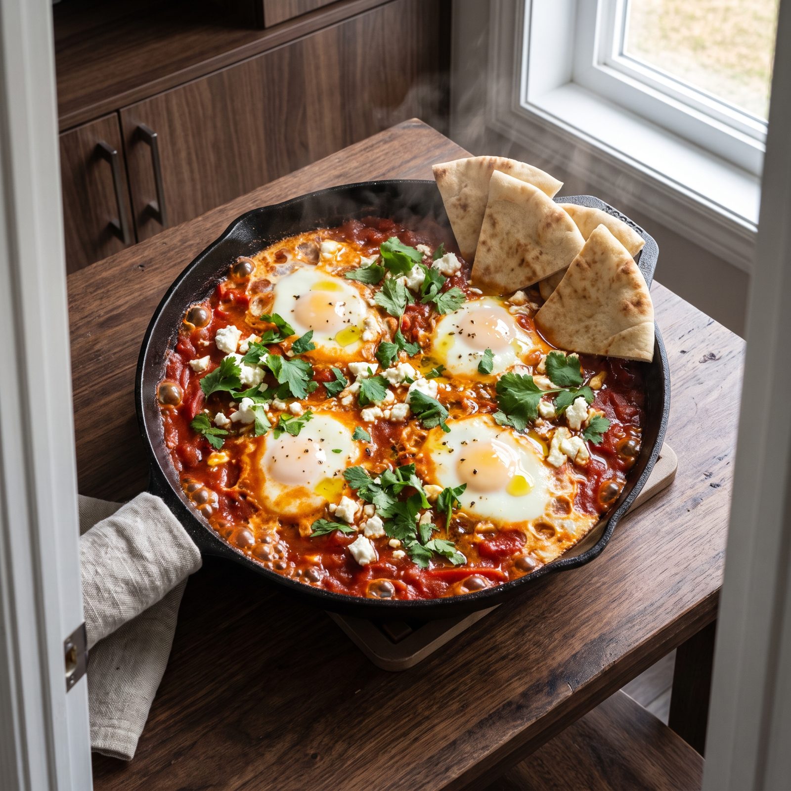 Shakshuka Served Bubbling in the Skillet
