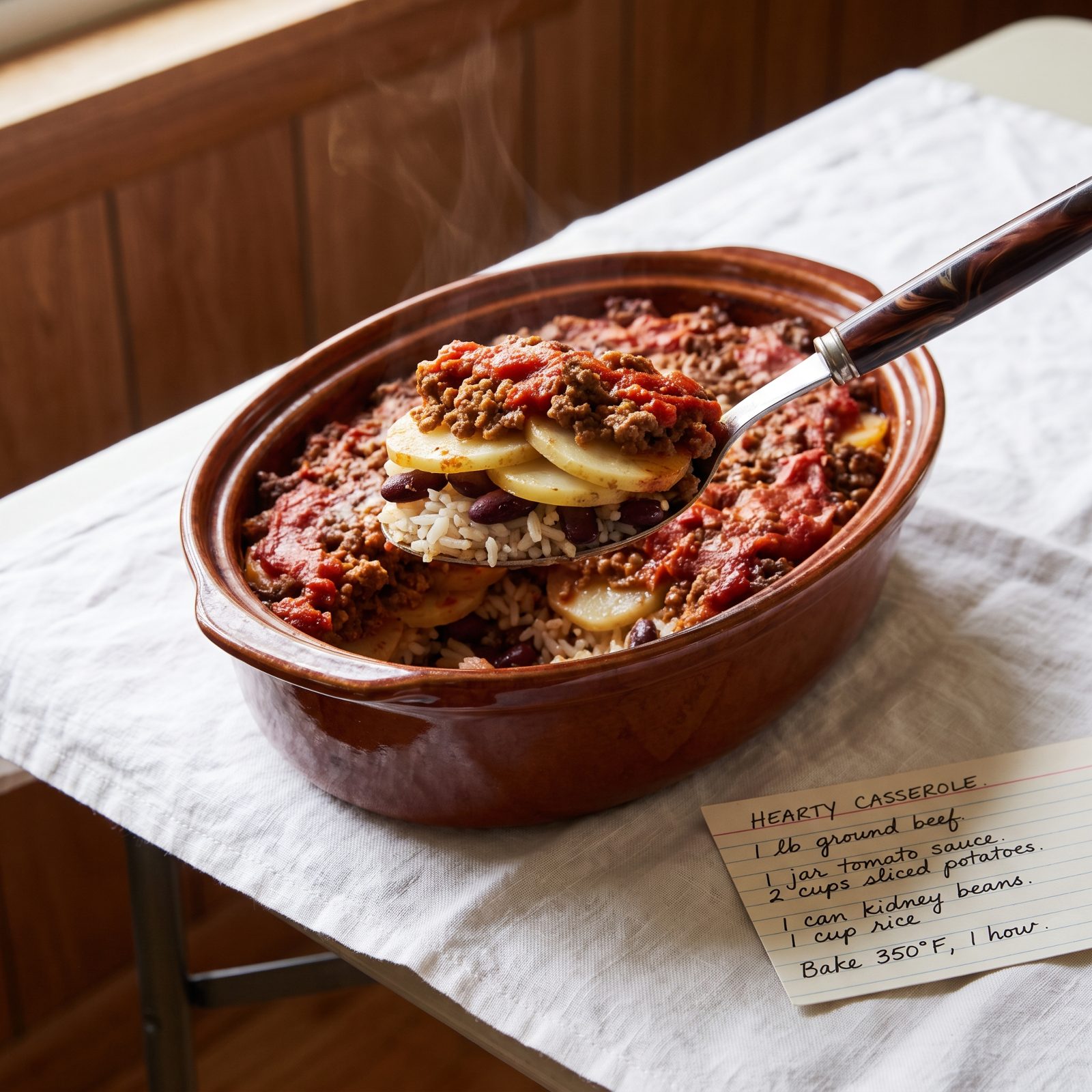 Shipwreck Casserole With Layered Beef, Potatoes, Beans and Rice