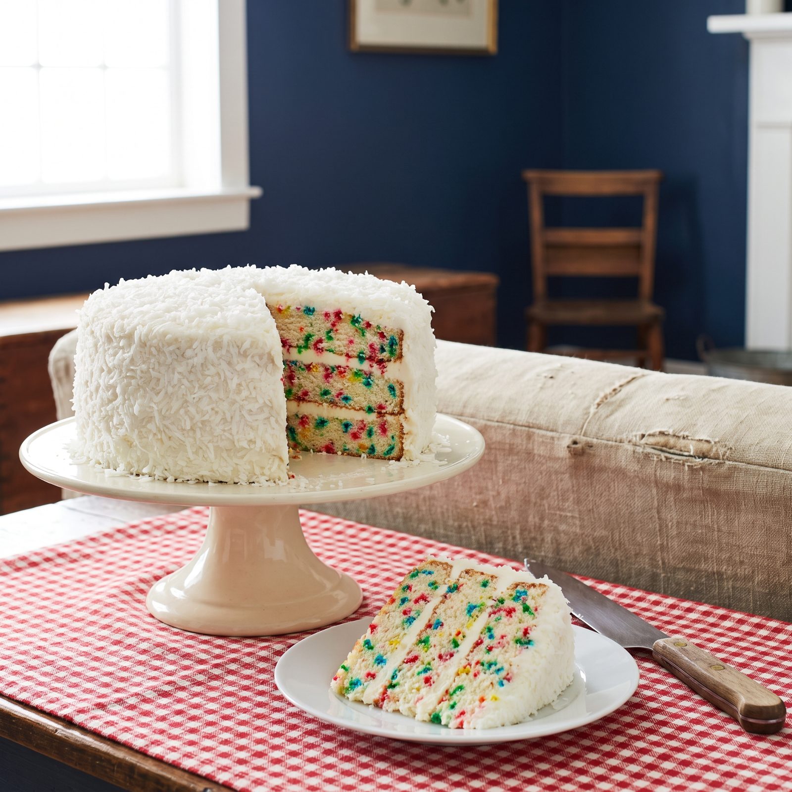 Snowball Cake Hiding Rainbow Sprinkle Layers