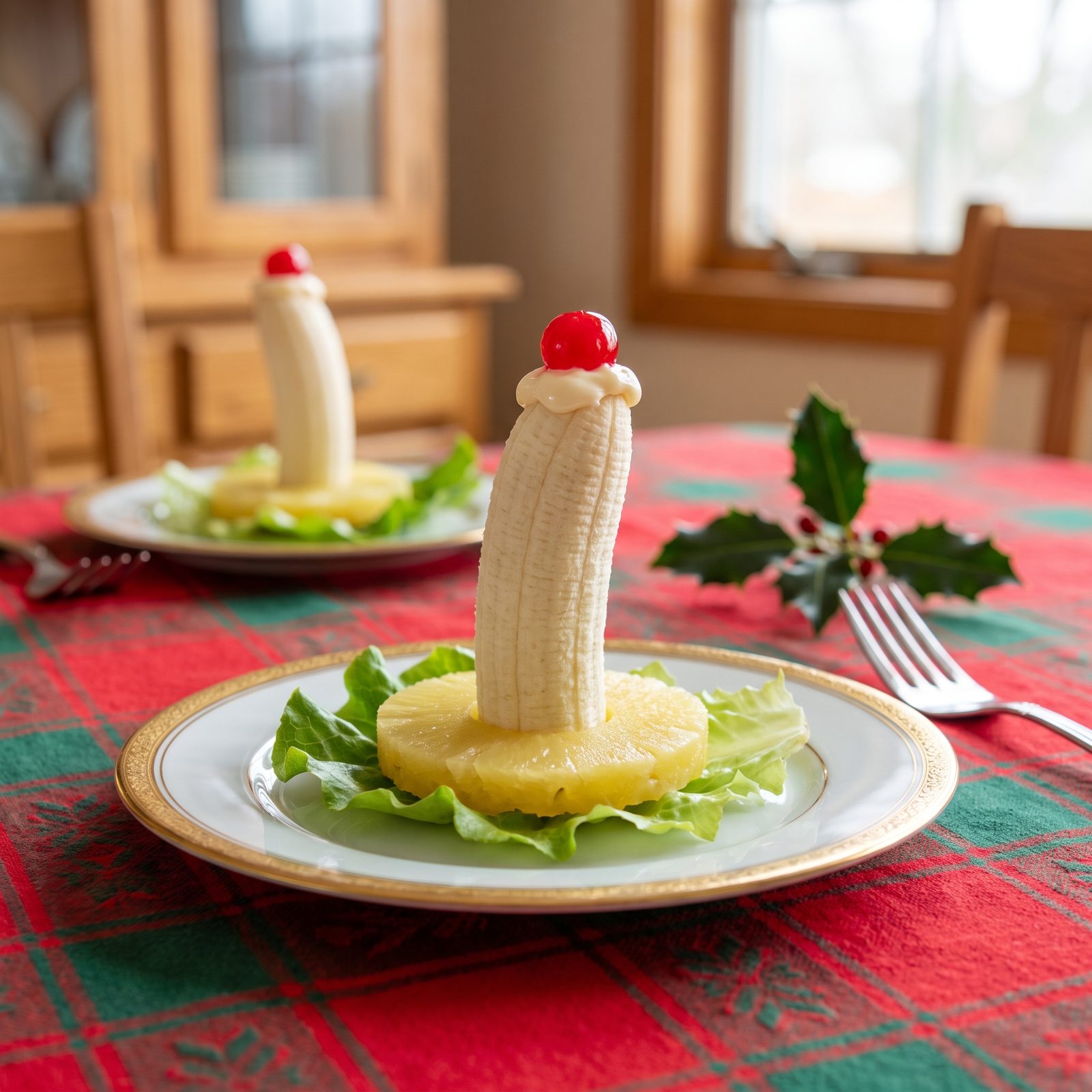 A Snowy Candle Salad Made With Banana and Pineapple