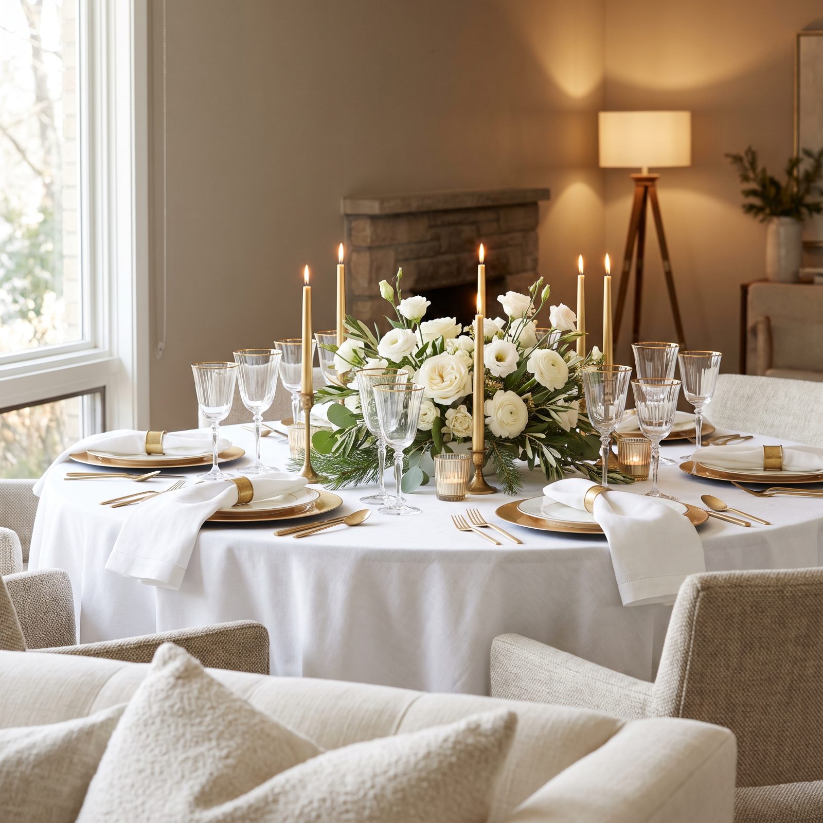 Snowy White Linen With Champagne-Gold Details