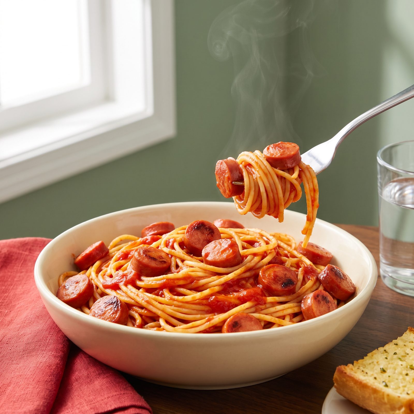Spaghetti With Sliced Hot Dogs Floating in the Sauce