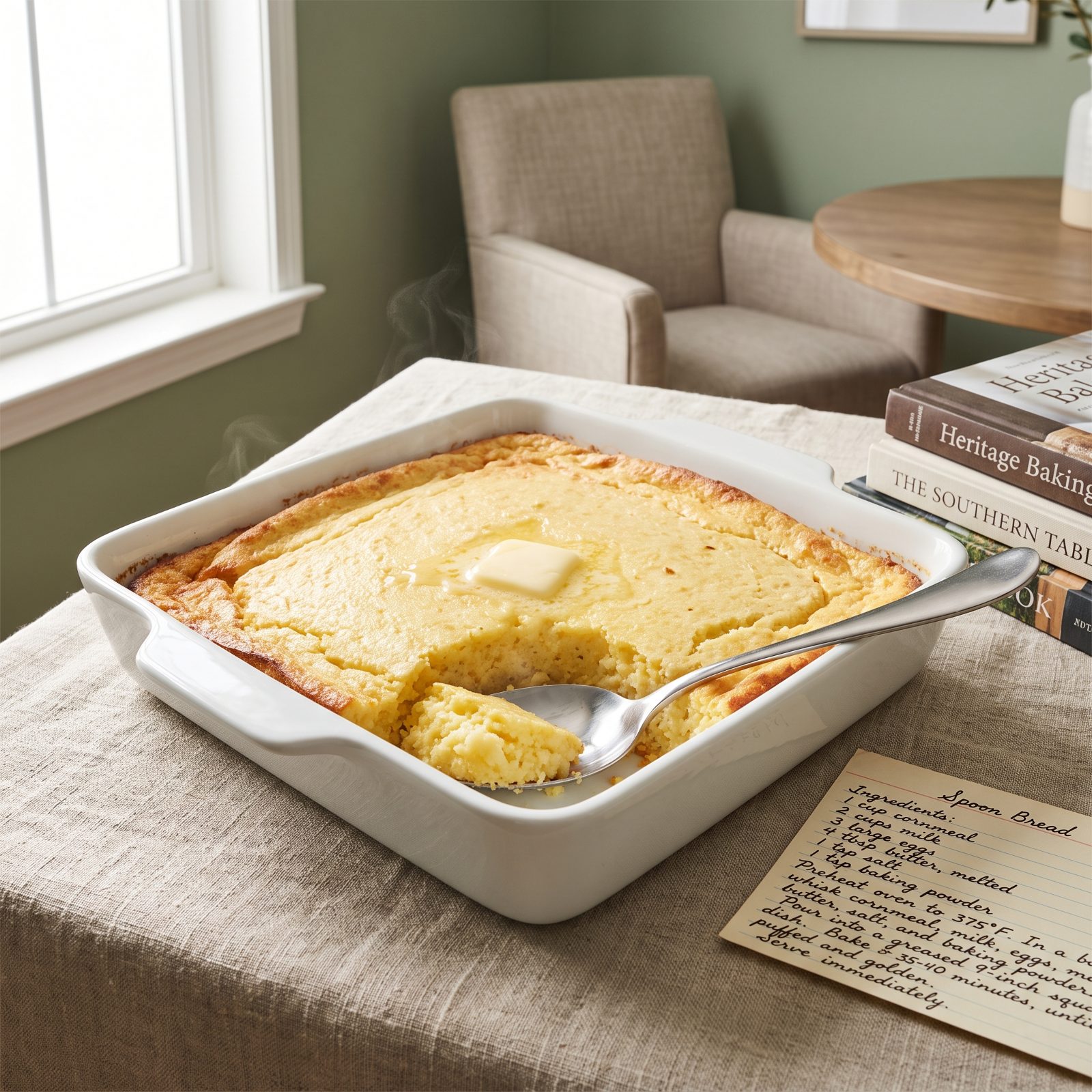 Spoon Bread Served Straight From the Casserole Dish