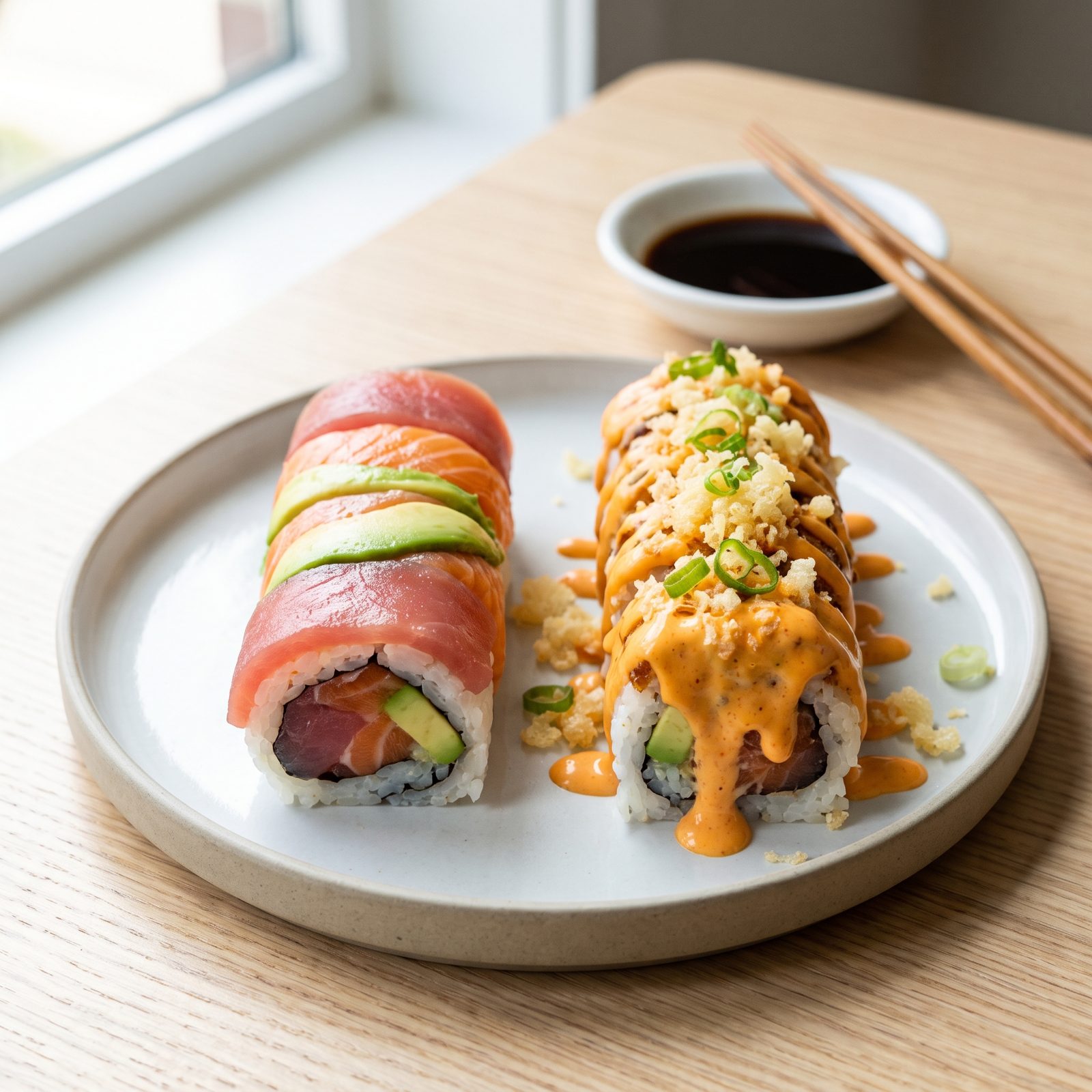 Sushi Rolls Buried Under Spicy Mayonnaise