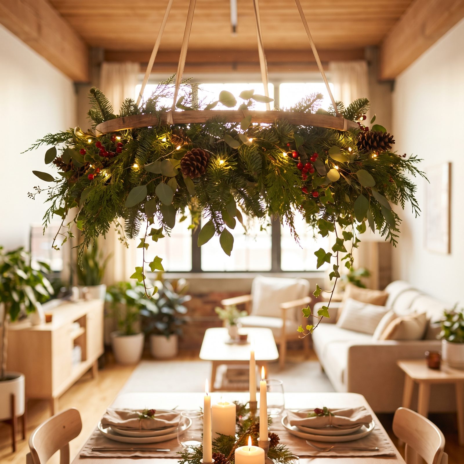 A Suspended Greenery Chandelier Hovering Above the Plates