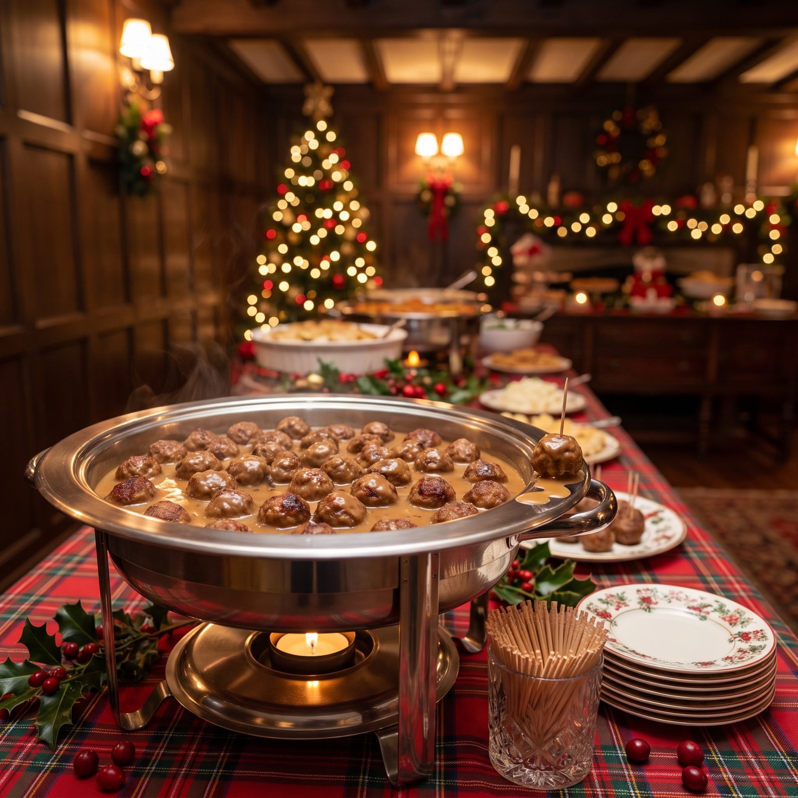 Swedish Meatballs Kept Warm in a Chafing Dish