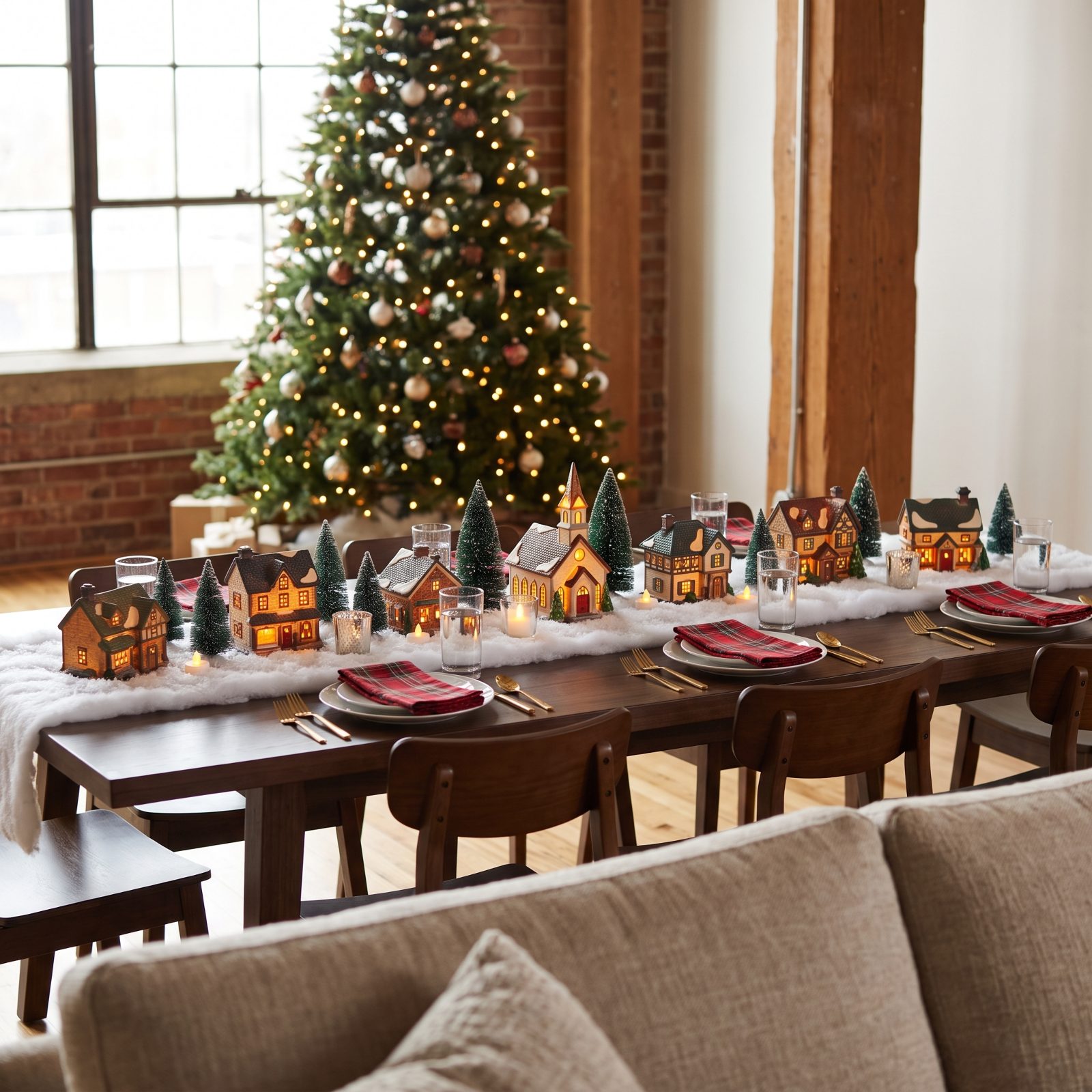 The Table With a Christmas Village Running Down the Center
