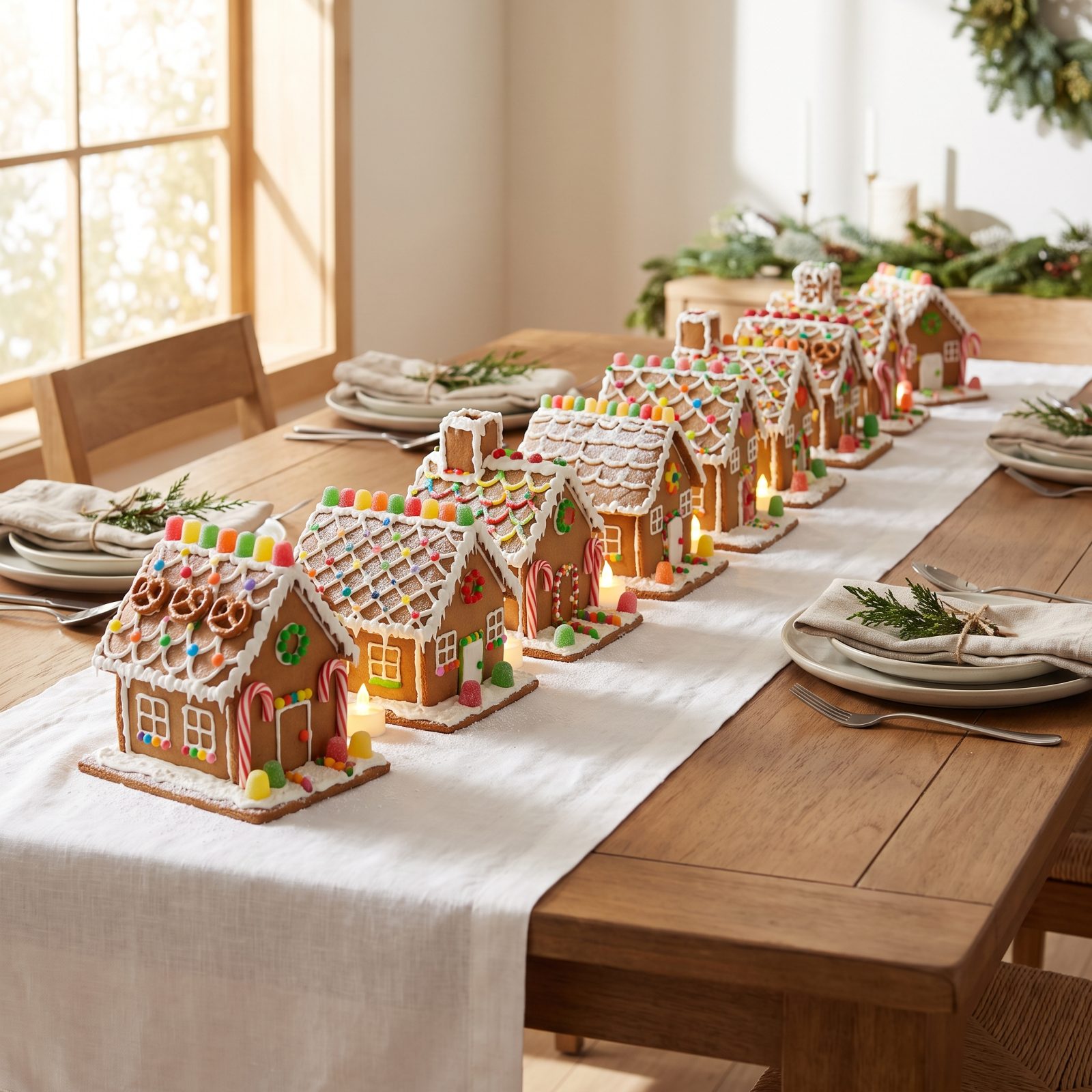 The Table Decorated With Gingerbread Houses