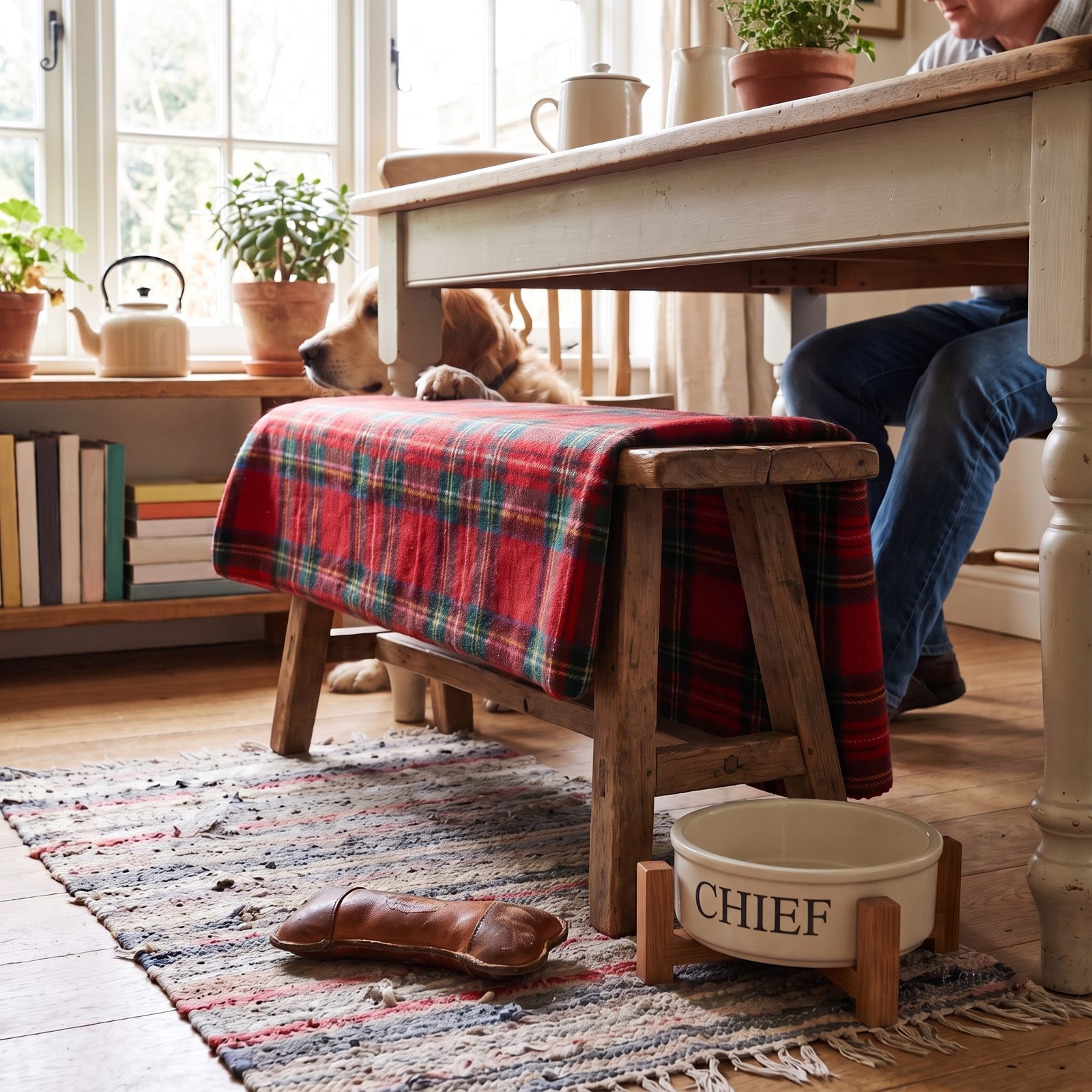 The Table With a Dedicated Seat and Bowl for the Family Dog