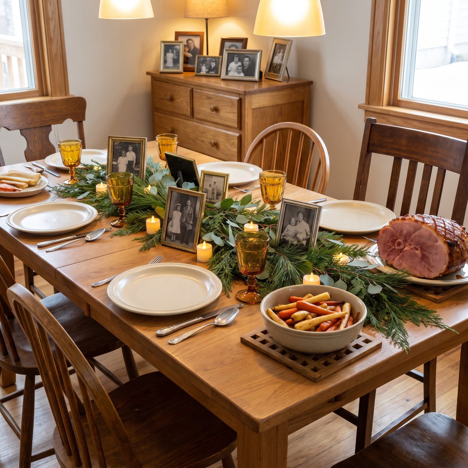 The Table With Framed Family Photos Among the Greenery