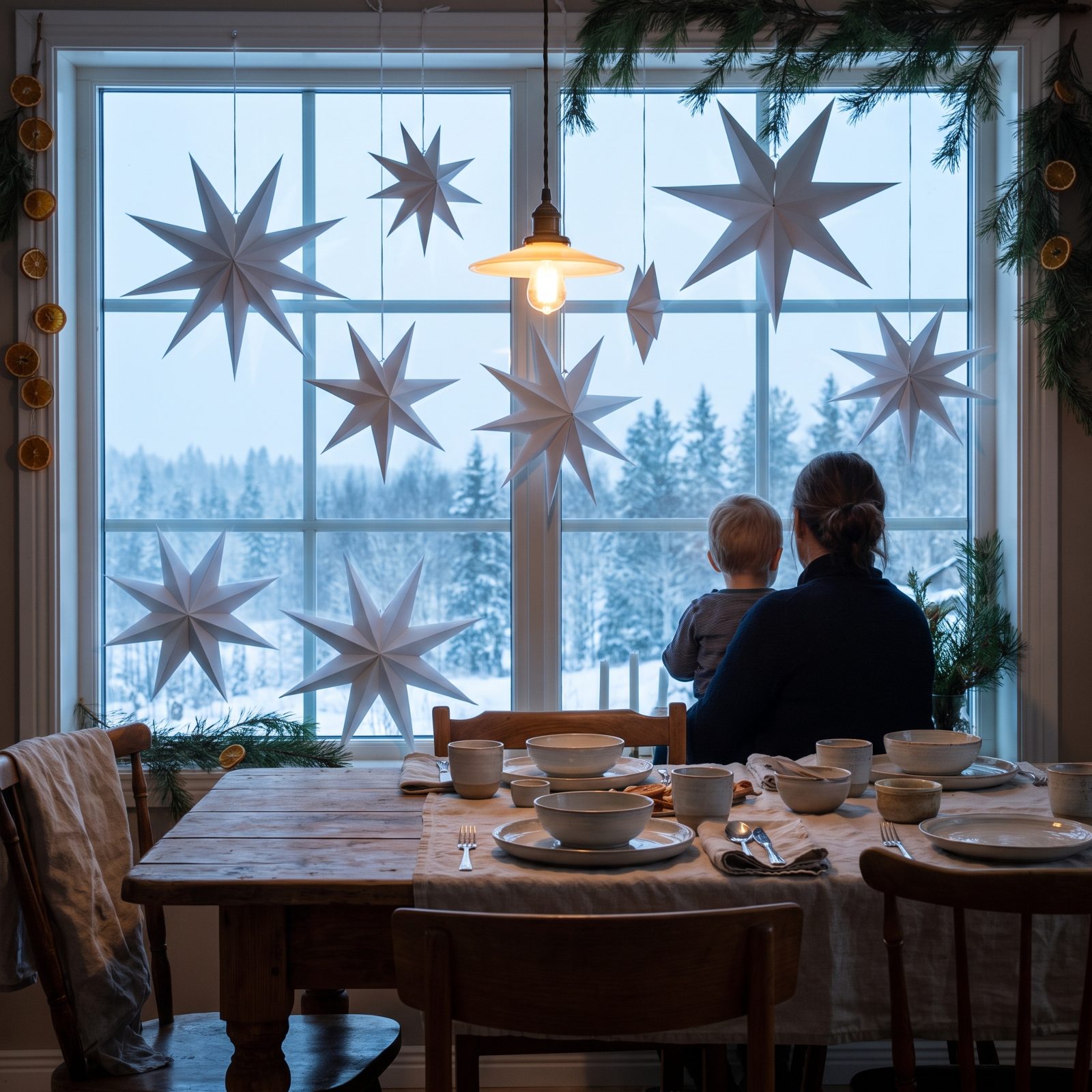 The Table Framed by Paper Stars in the Windows
