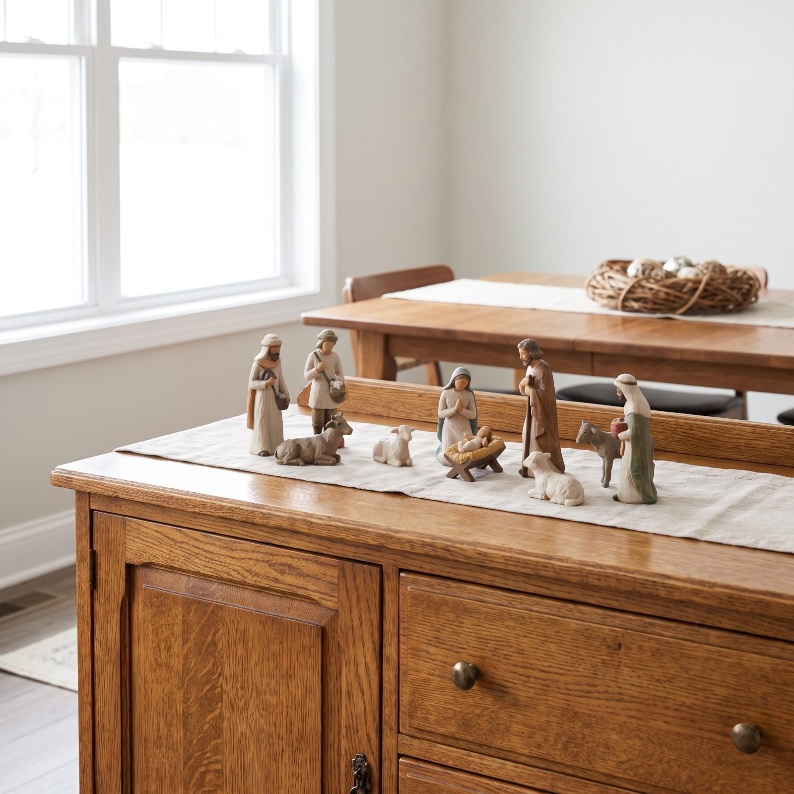 The Table With a Nativity Scene on the Sideboard