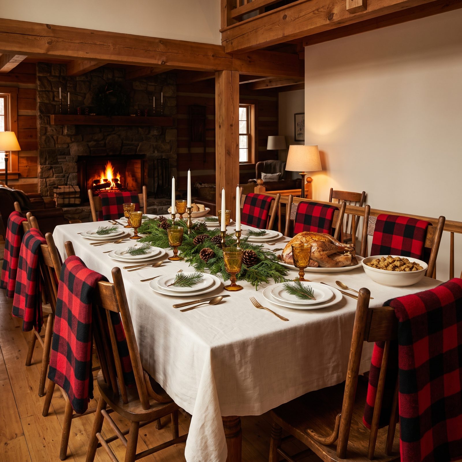 The Table With Plaid Blankets Draped Over Every Chair