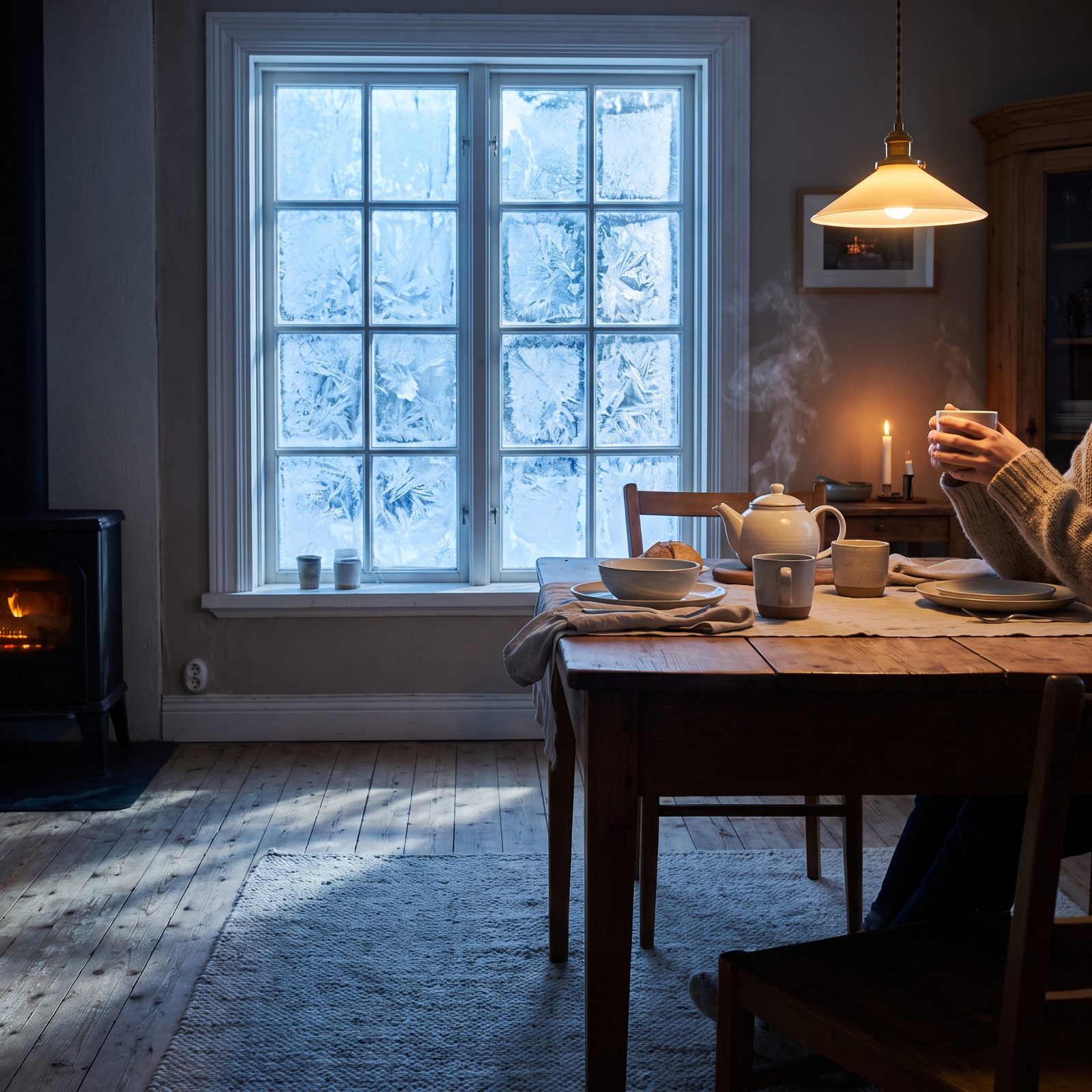 The Table Set Beside a Frosted Window