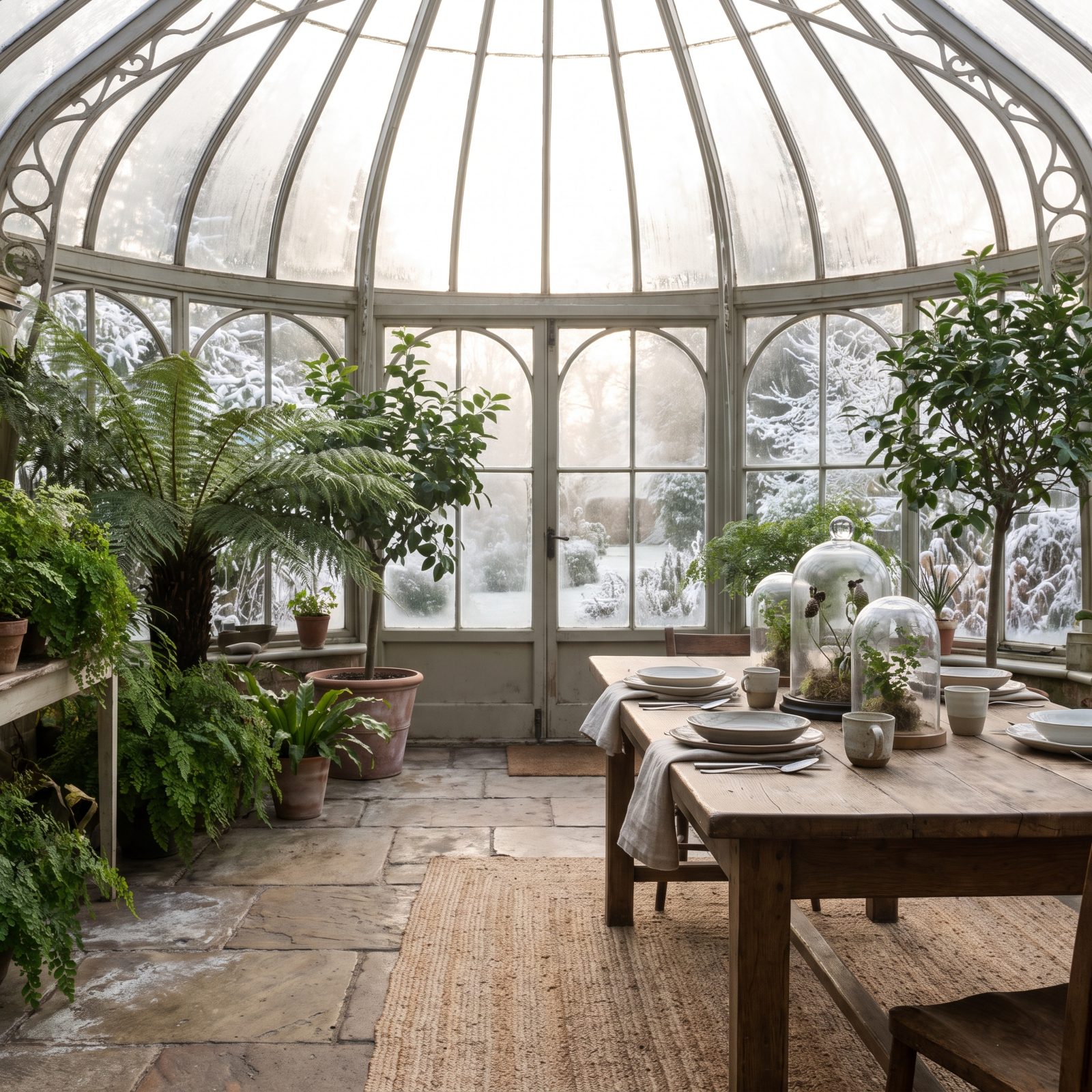 The Table Set in a Conservatory Full of Winter Greenery