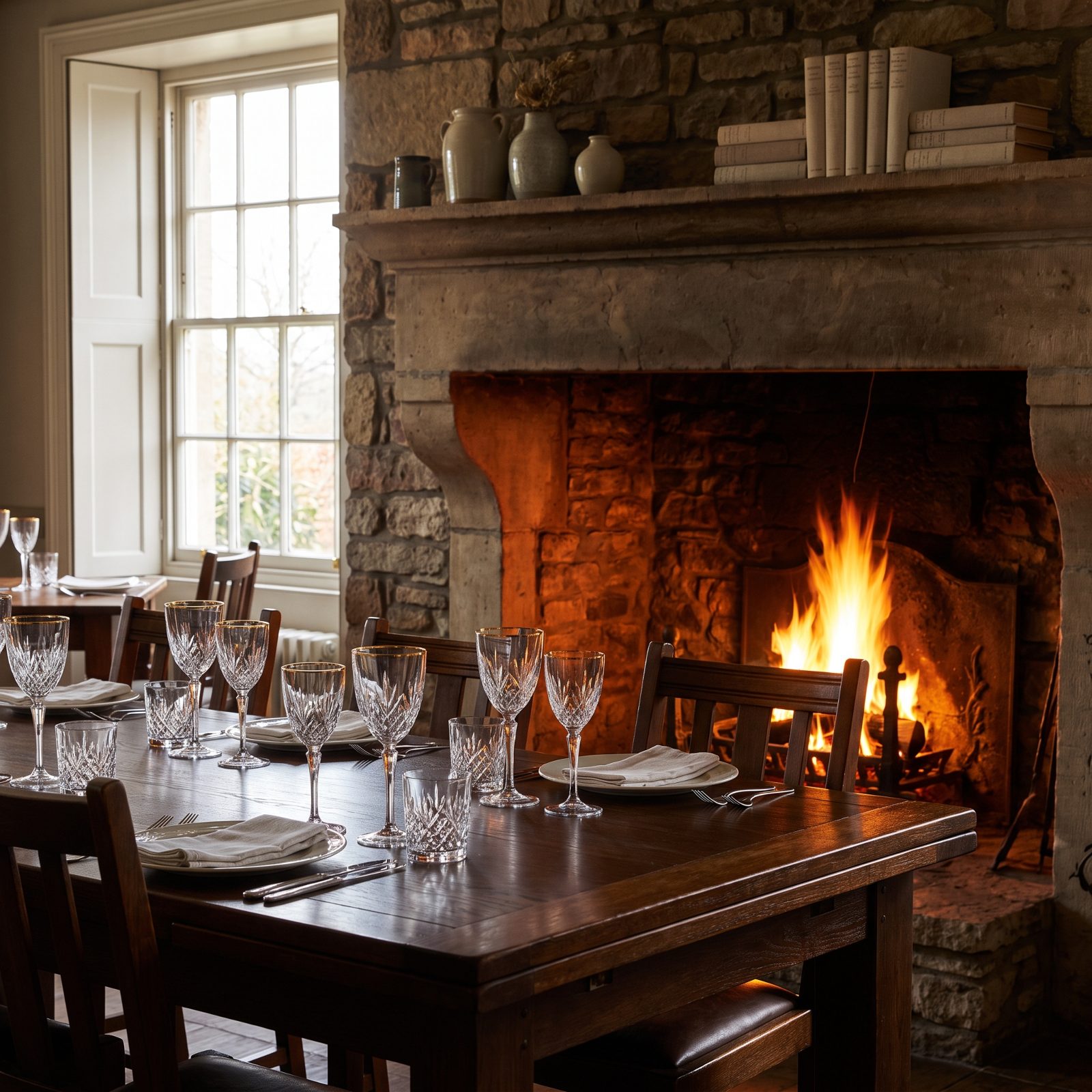 The Table Set in Front of a Glowing Fireplace