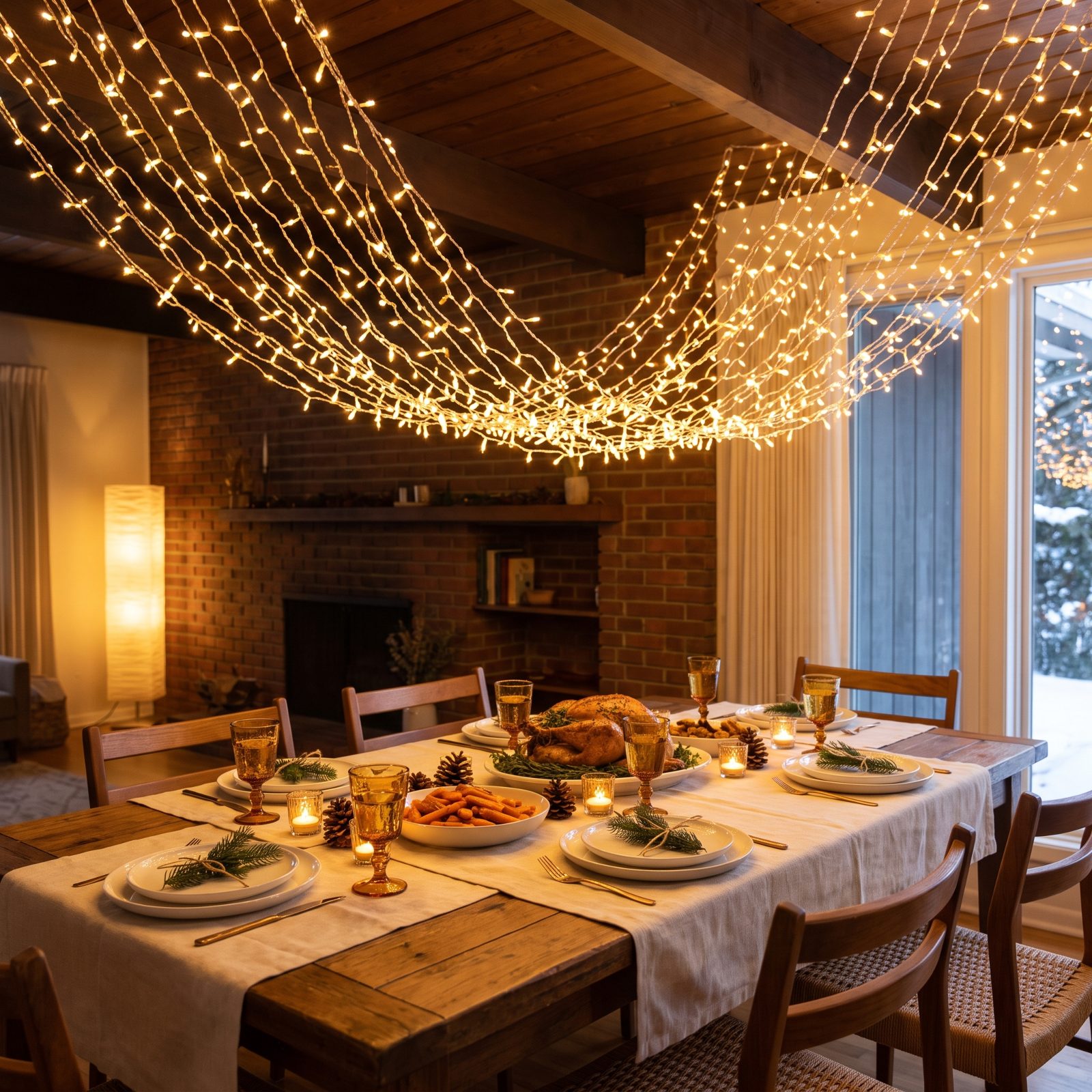 The Table Set Under a Canopy of String Lights