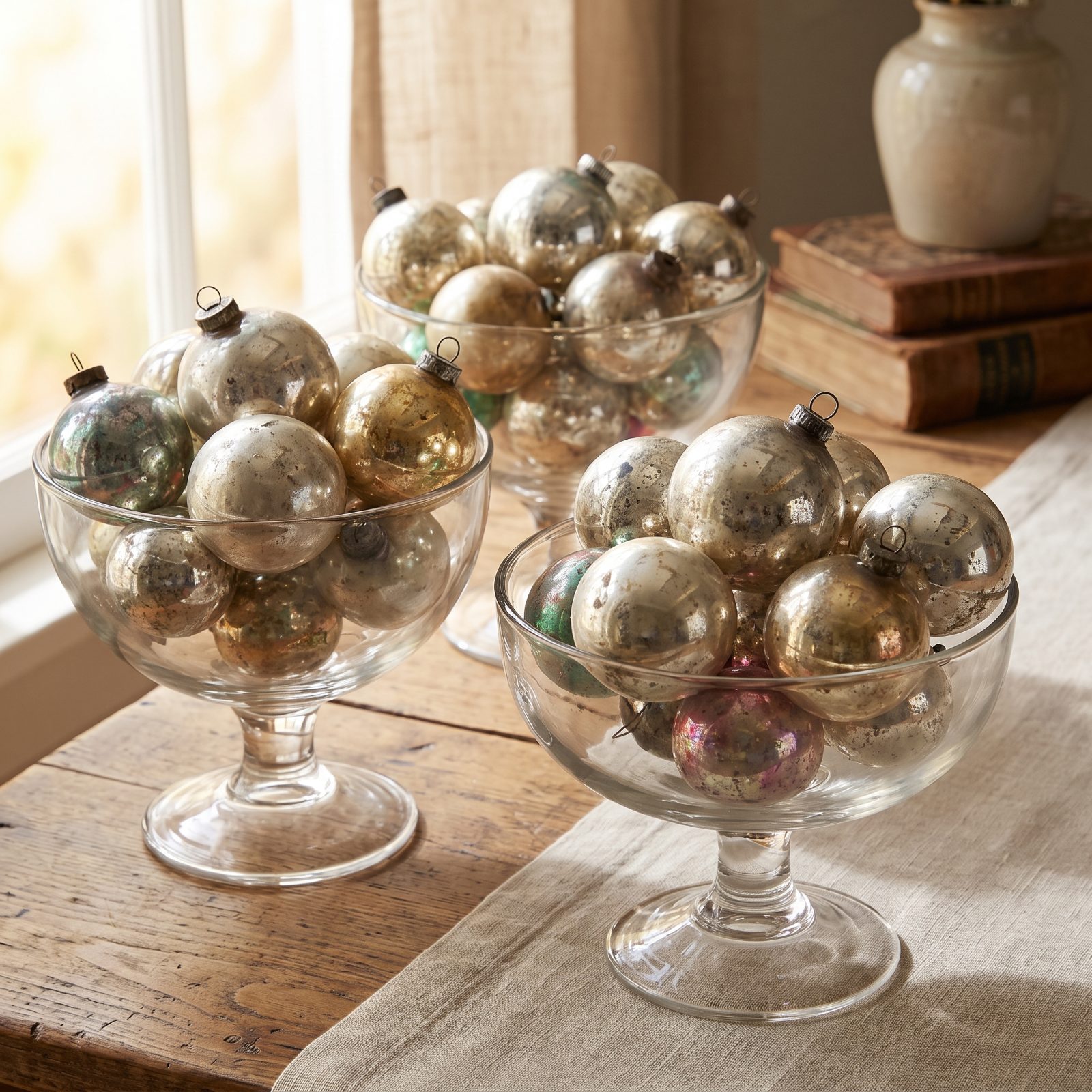 The Table With Vintage Ornaments in Footed Glass Bowls