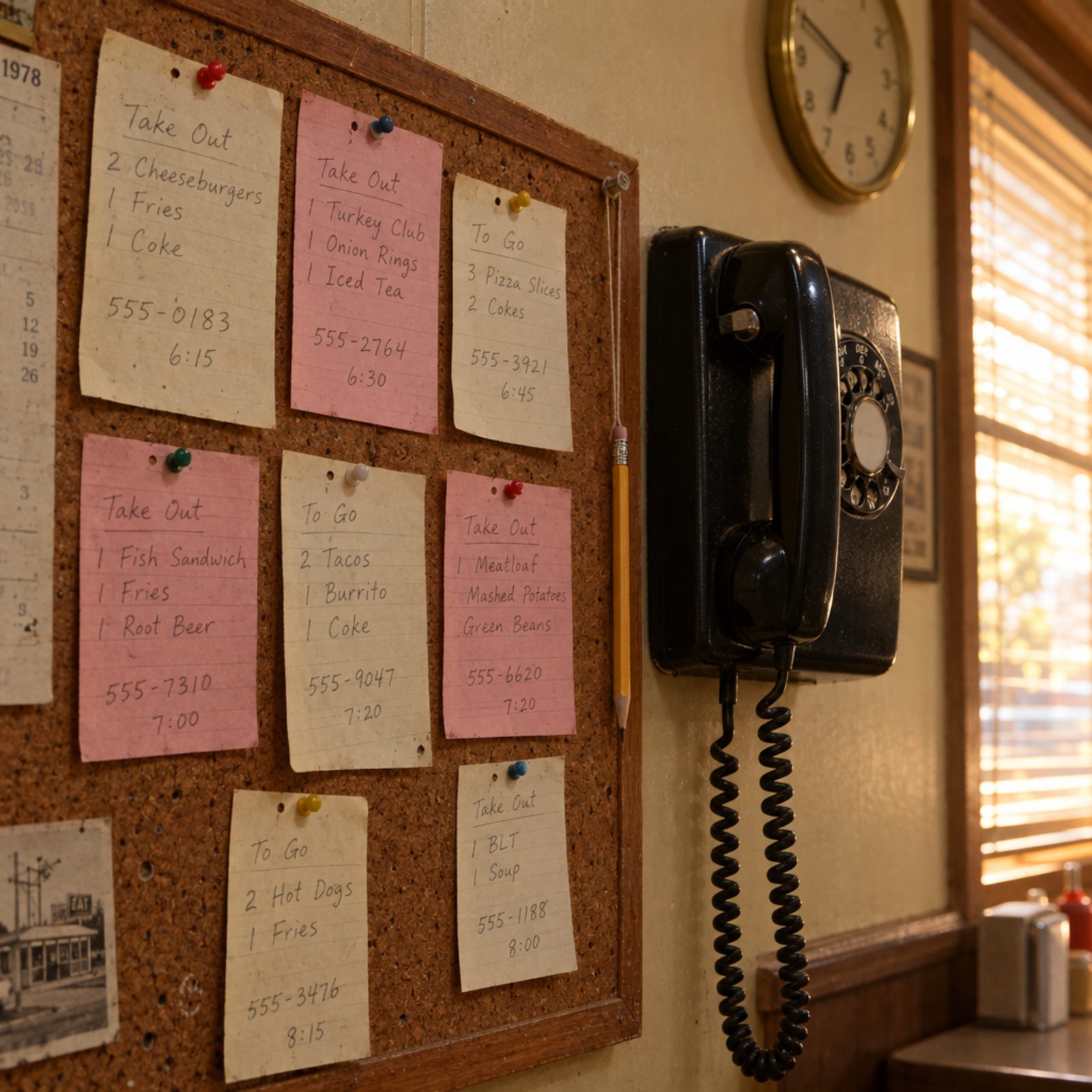 Telephone Orders Pinned to a Corkboard
