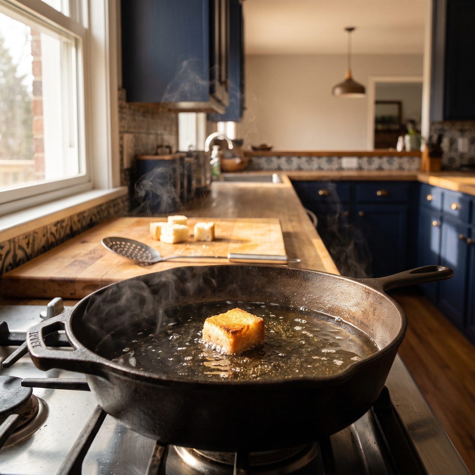 Testing Frying Oil With a Cube of Day-Old Bread