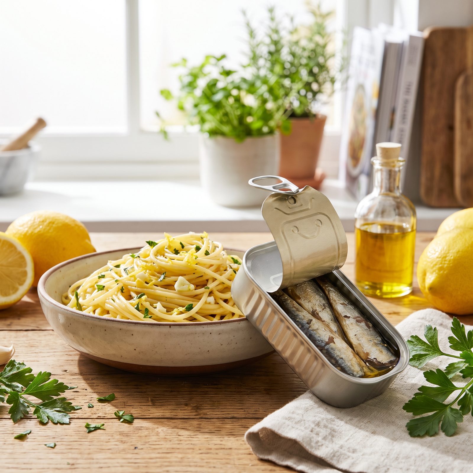 A Tin of Sardines Becomes Garlicky Lemon Pasta
