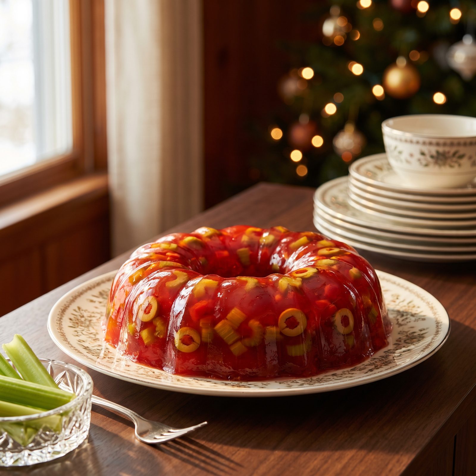 Tomato Aspic Studded With Celery and Stuffed Olives