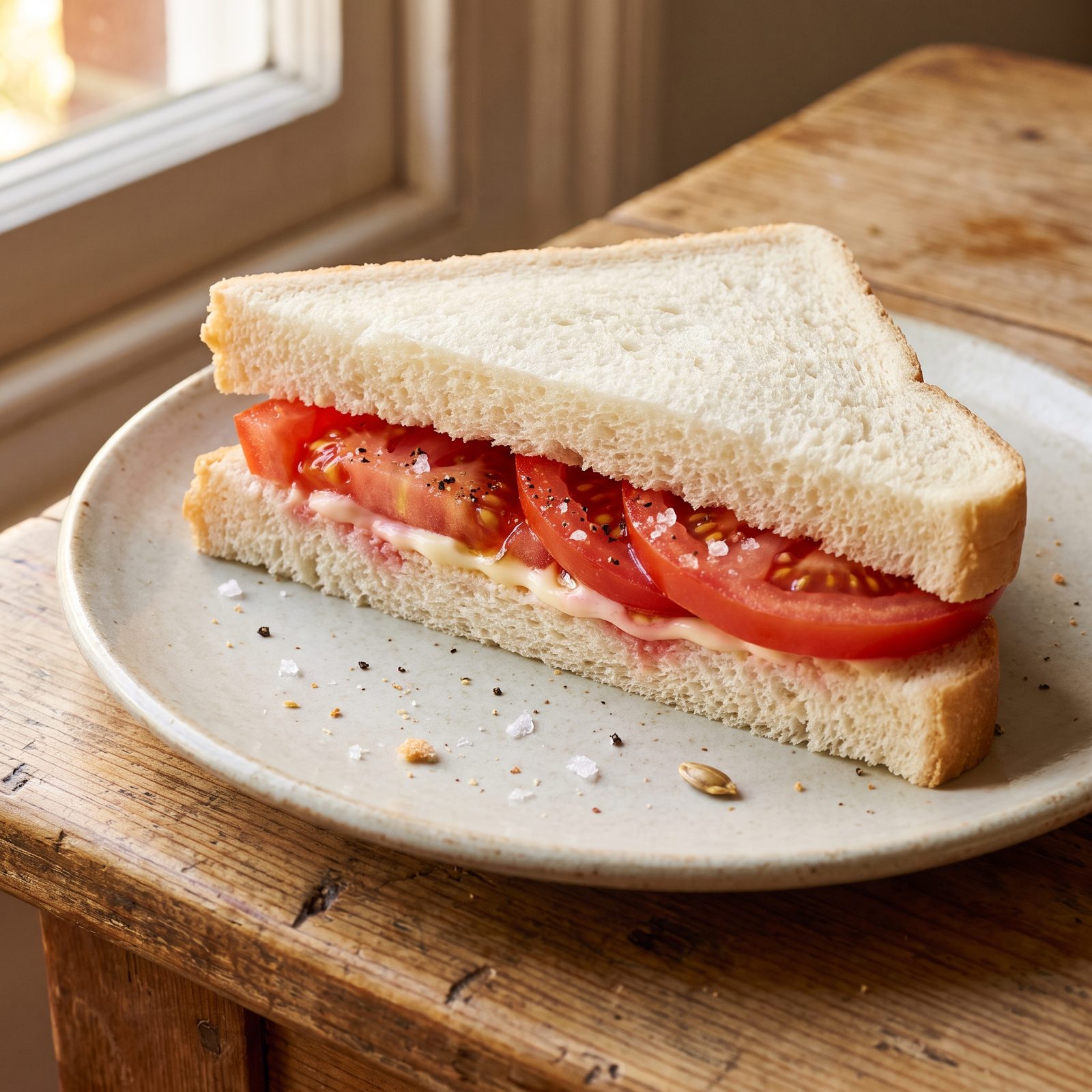 Tomato, Mayonnaise and Salt on Soft White Bread