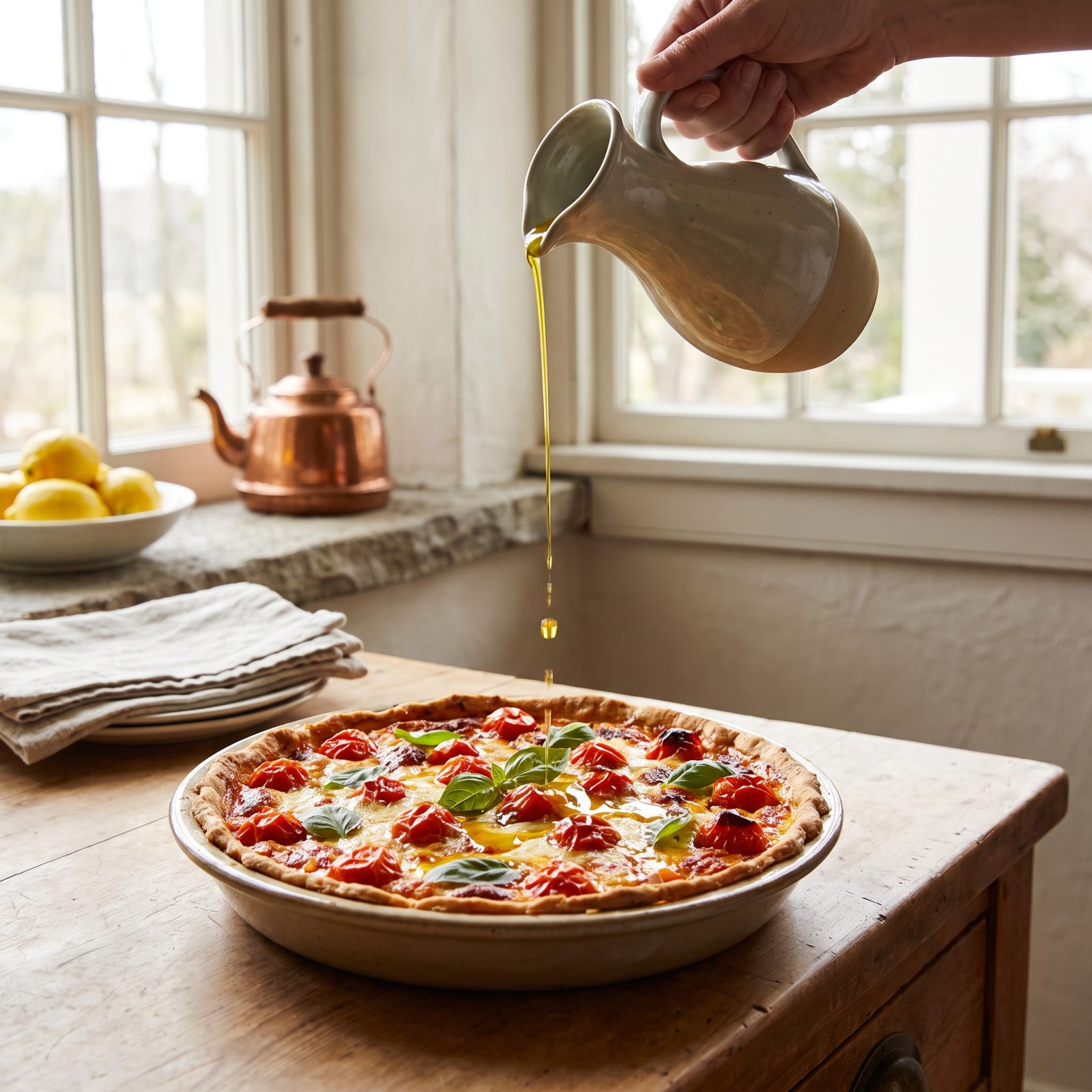 Tomato Pie Finished With Olive Oil After Baking