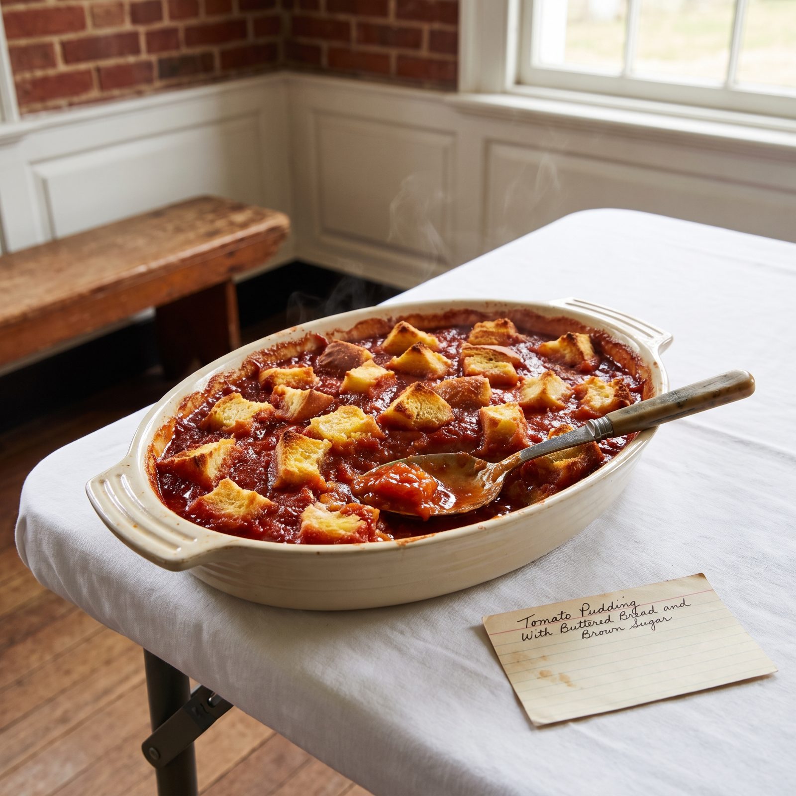 Tomato Pudding With Buttered Bread and Brown Sugar