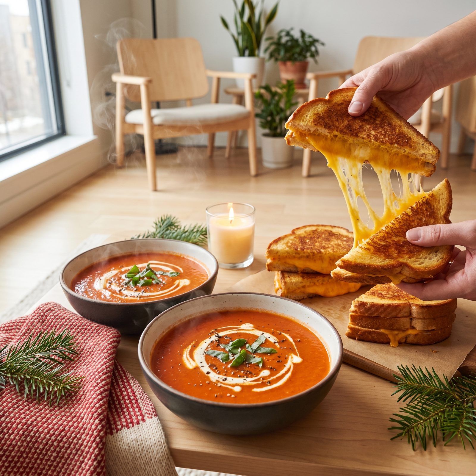 Tomato Soup With Oversized Grilled Cheese Sandwiches