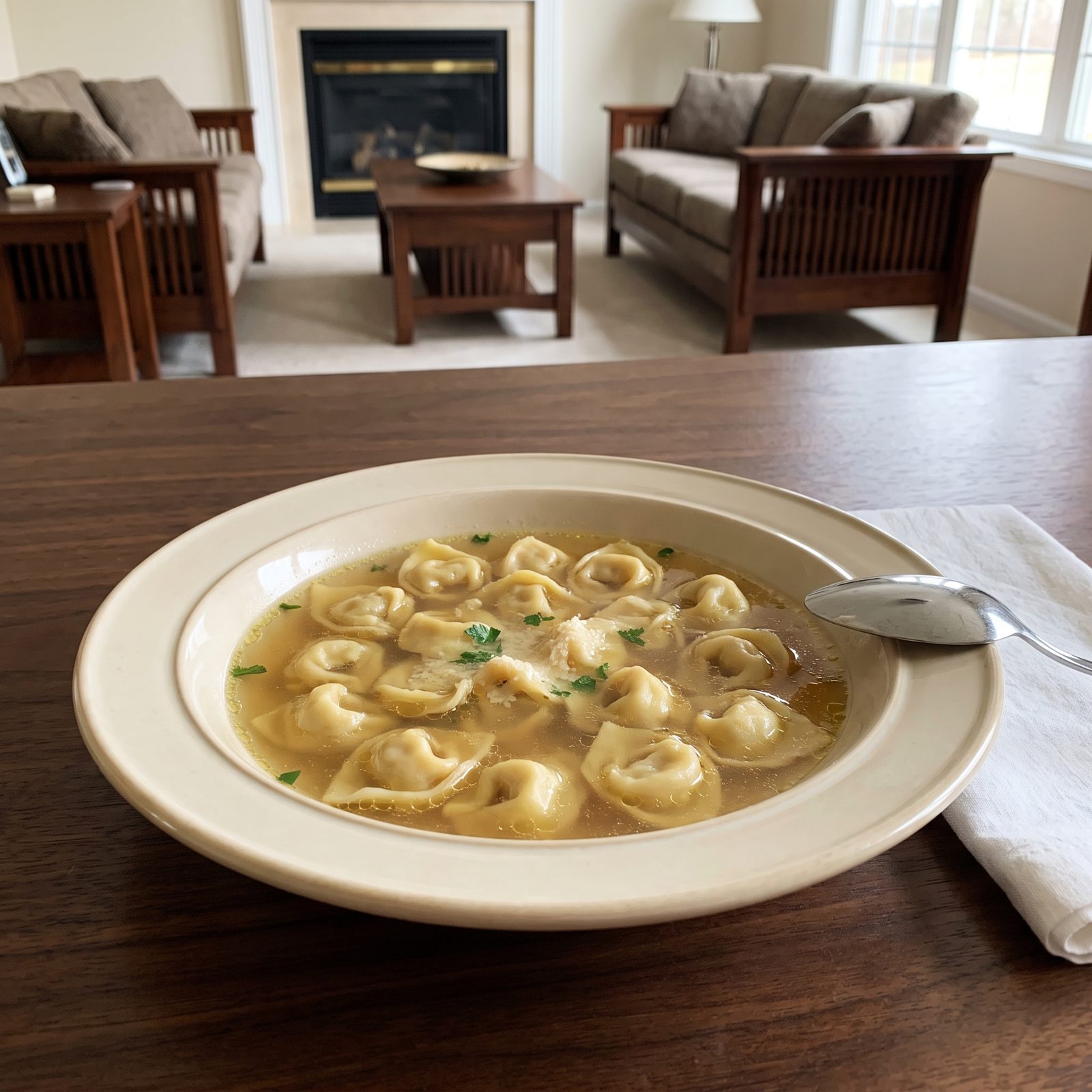 Tortellini Served in Clear, Flavorful Broth