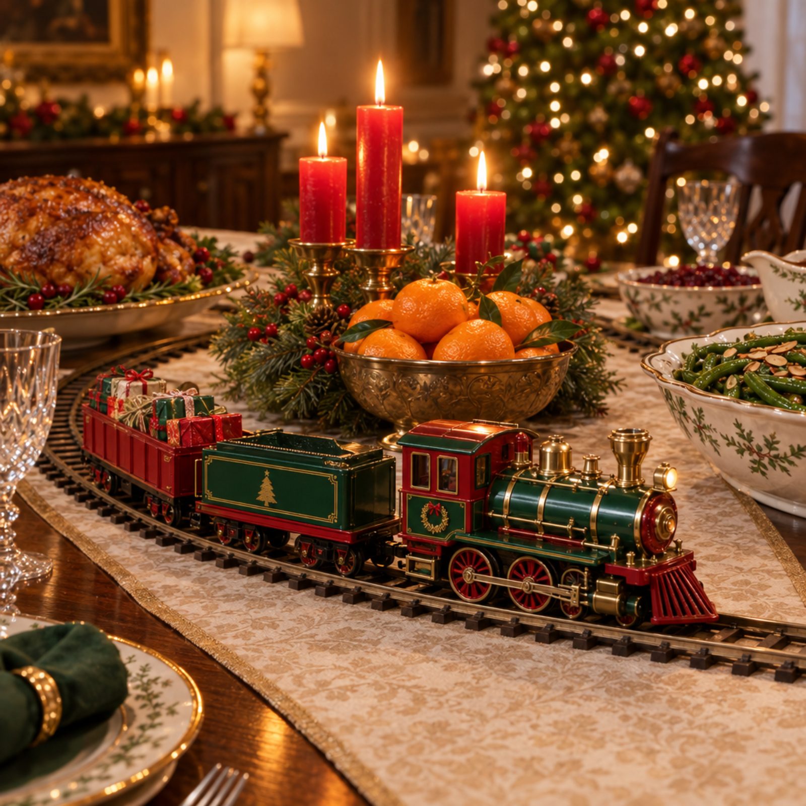A Toy Train Circling the Serving Dishes