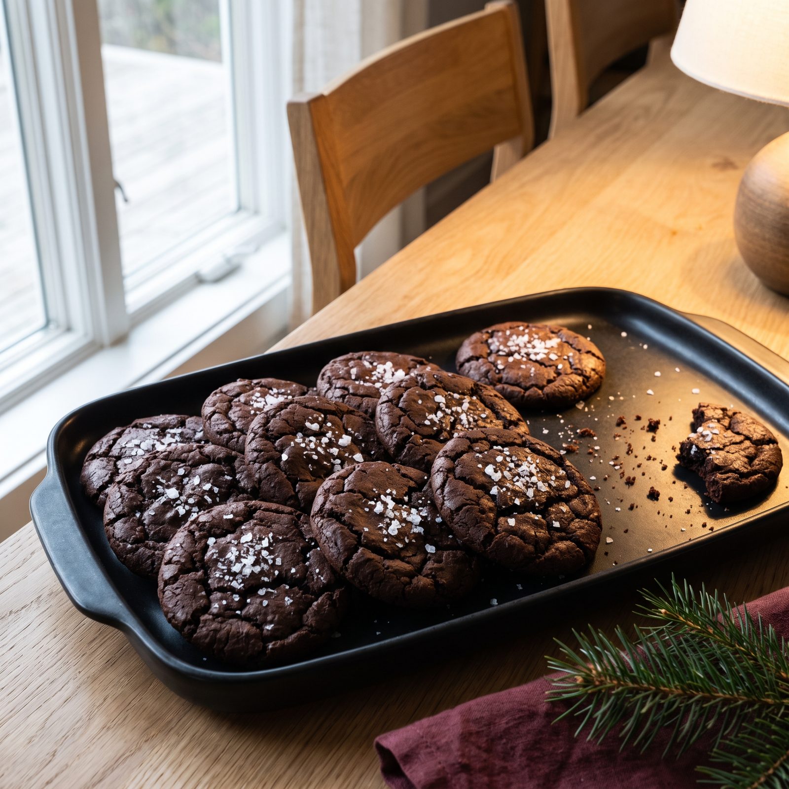 The Tray With Salt Flakes on Dark Chocolate Cookies