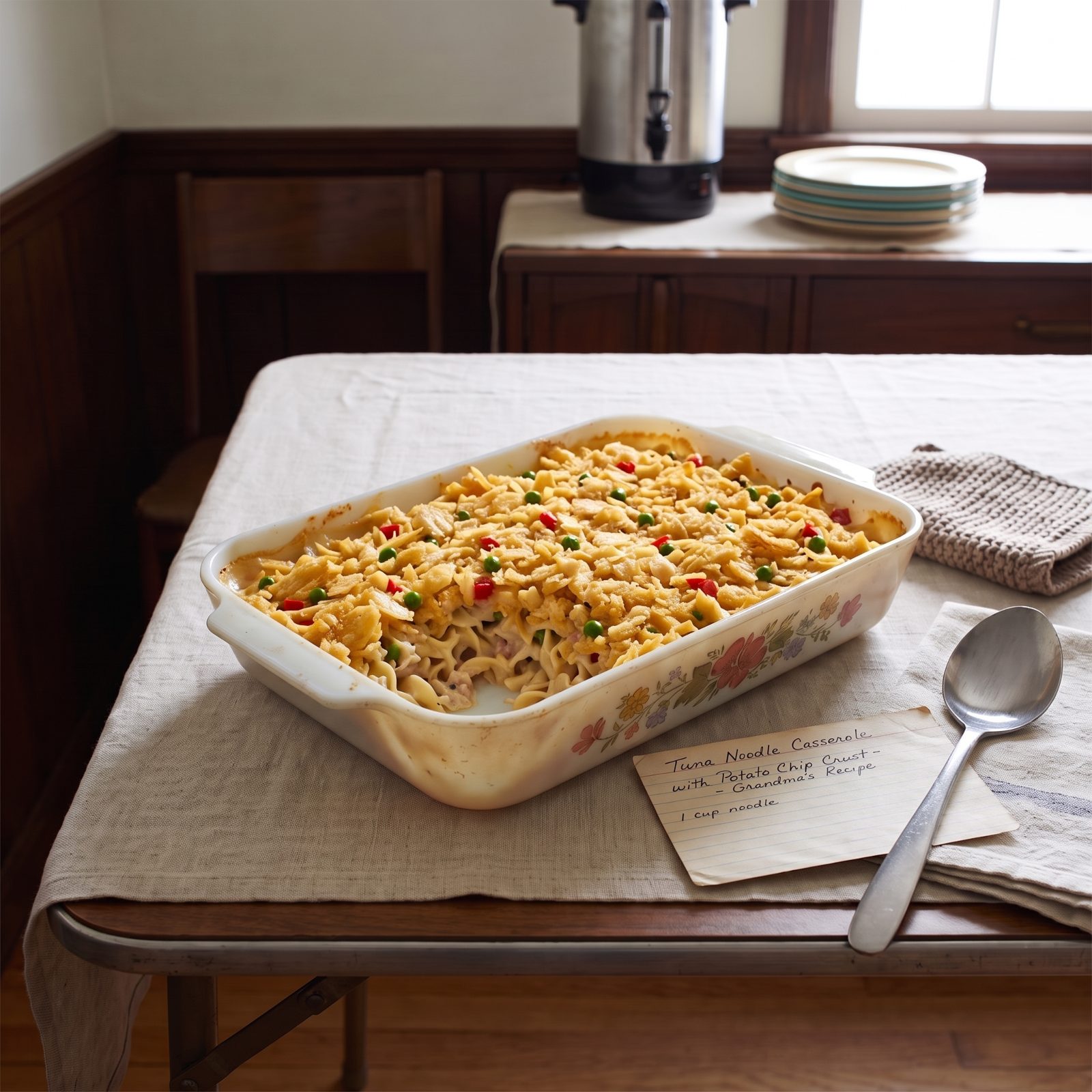Tuna Noodle Casserole Under a Crushed Potato-Chip Topping