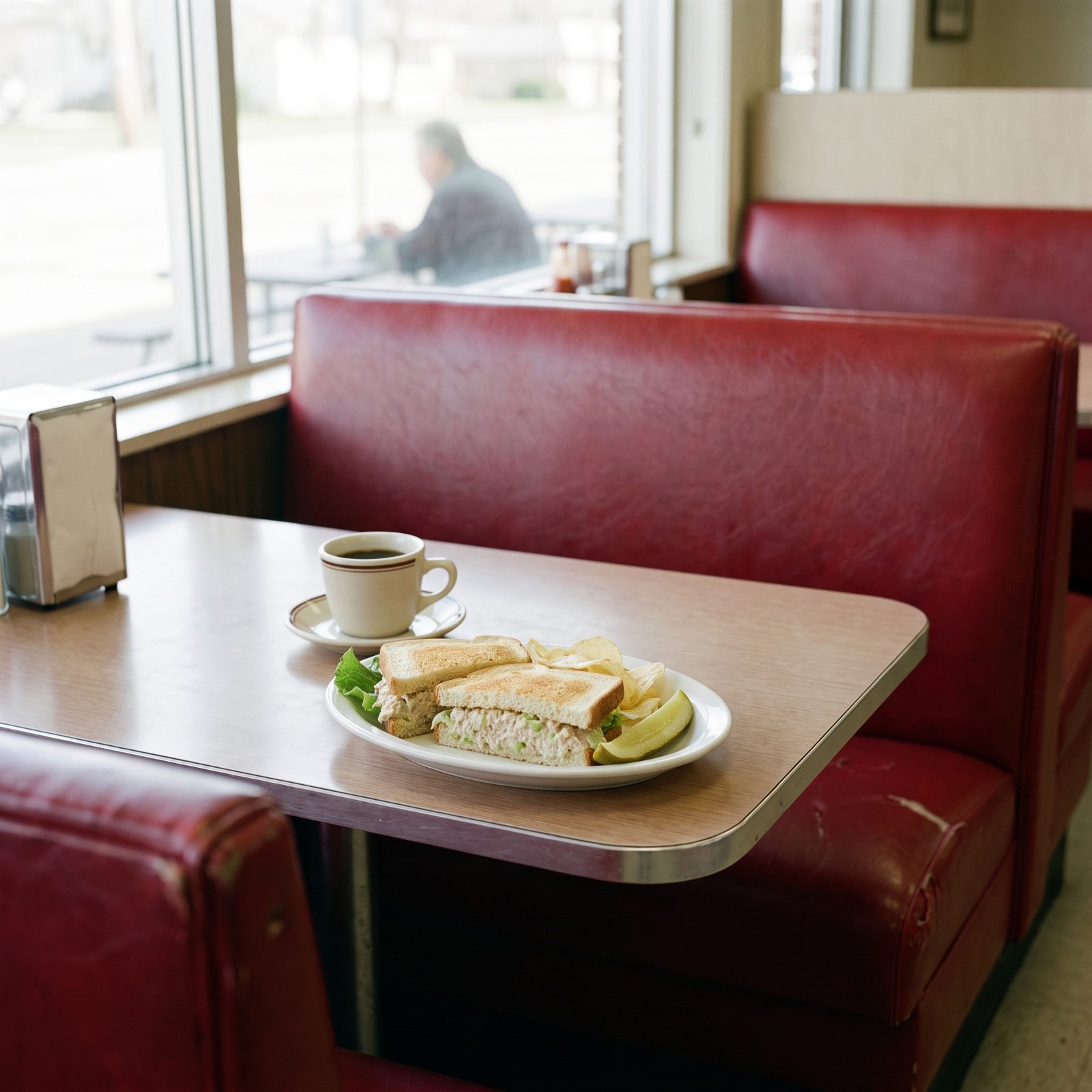 Diner booth table with a tuna salad sandwich on toast cut in half, a pickle spear and chips on a white plate.