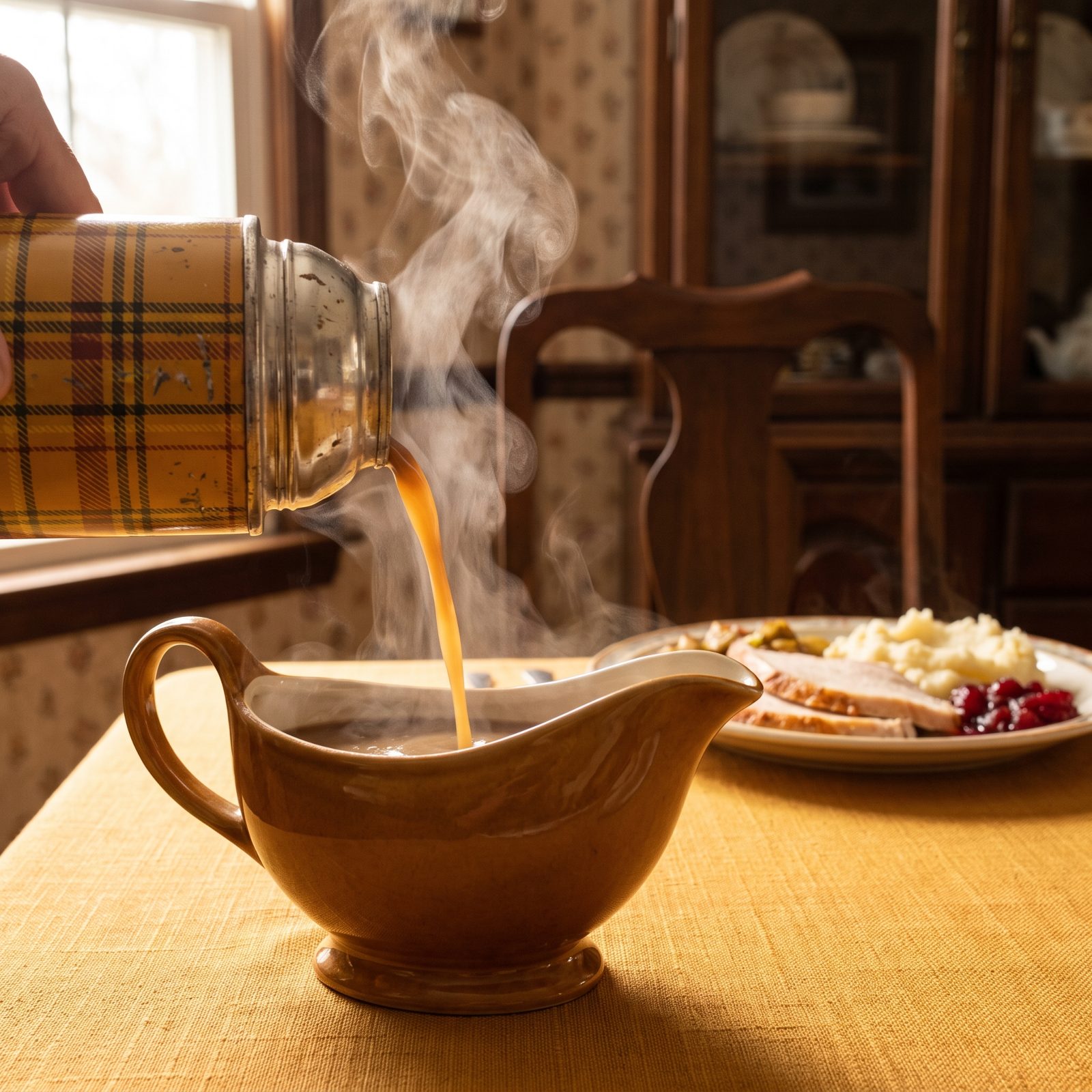 Turkey Gravy Poured From a Dented Metal Thermos