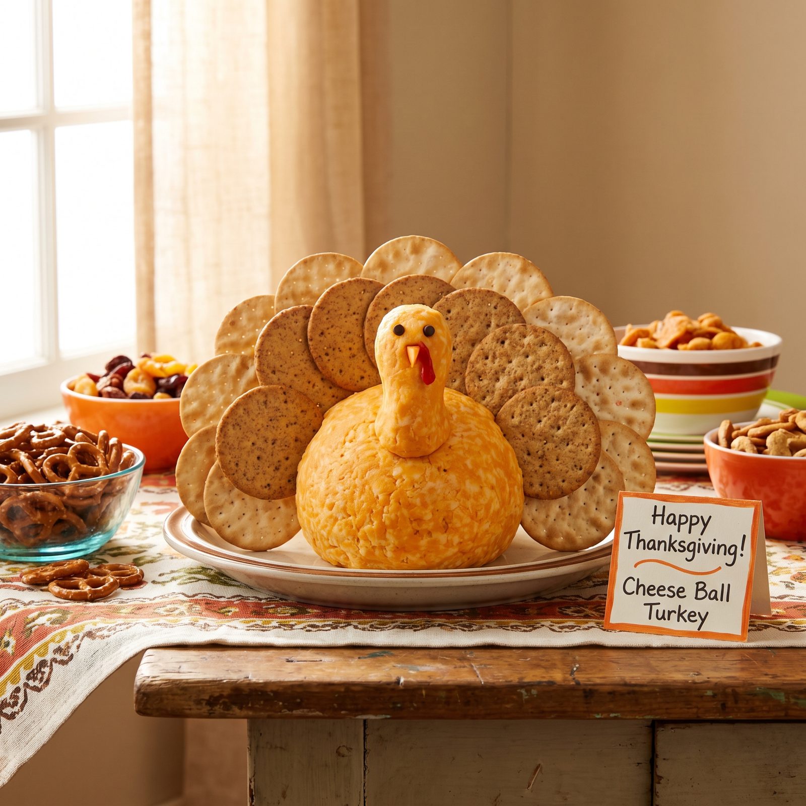 Turkey-Shaped Cheddar Cheese Ball With Cracker Feathers