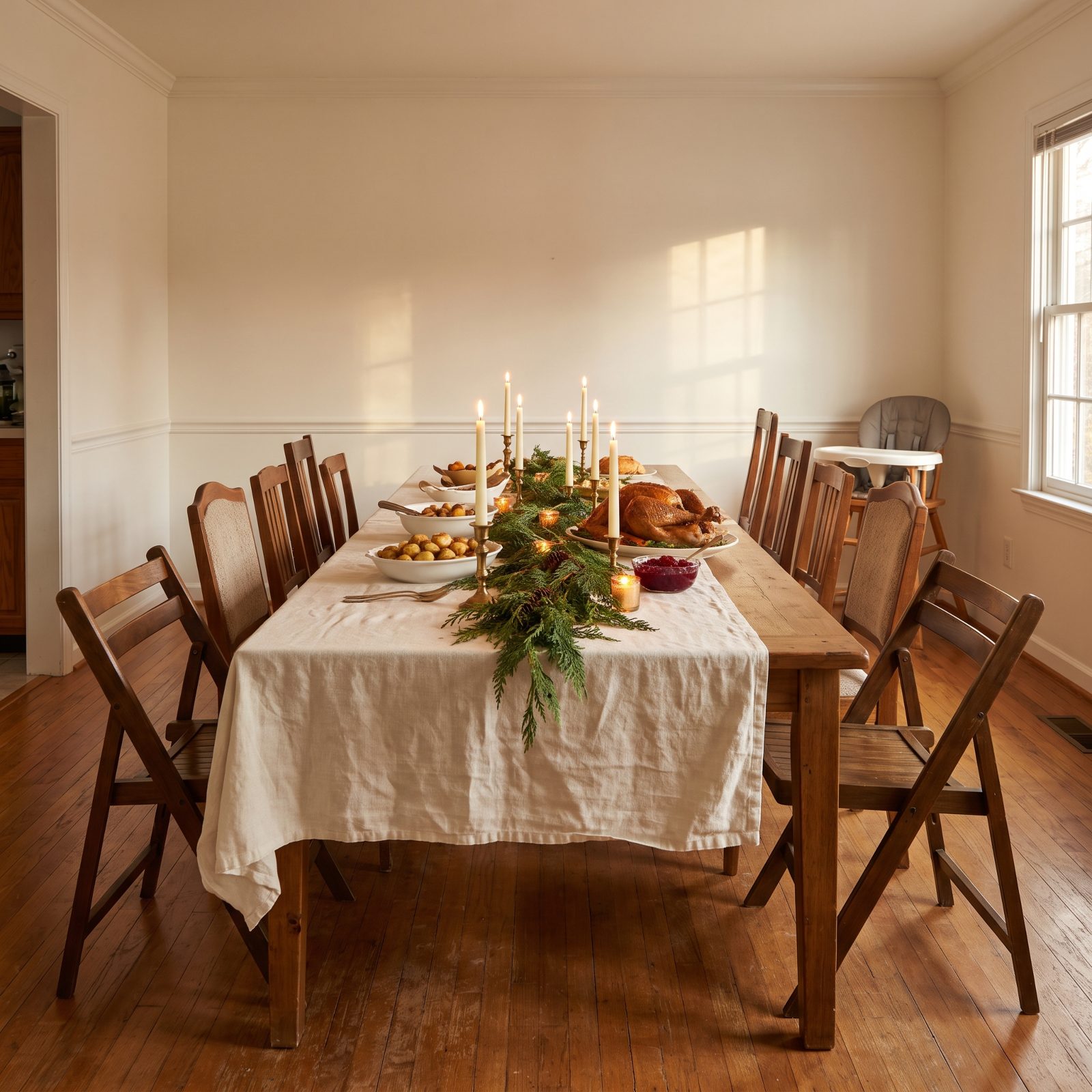 Two Tables Pushed Together Into One Long Family Feast