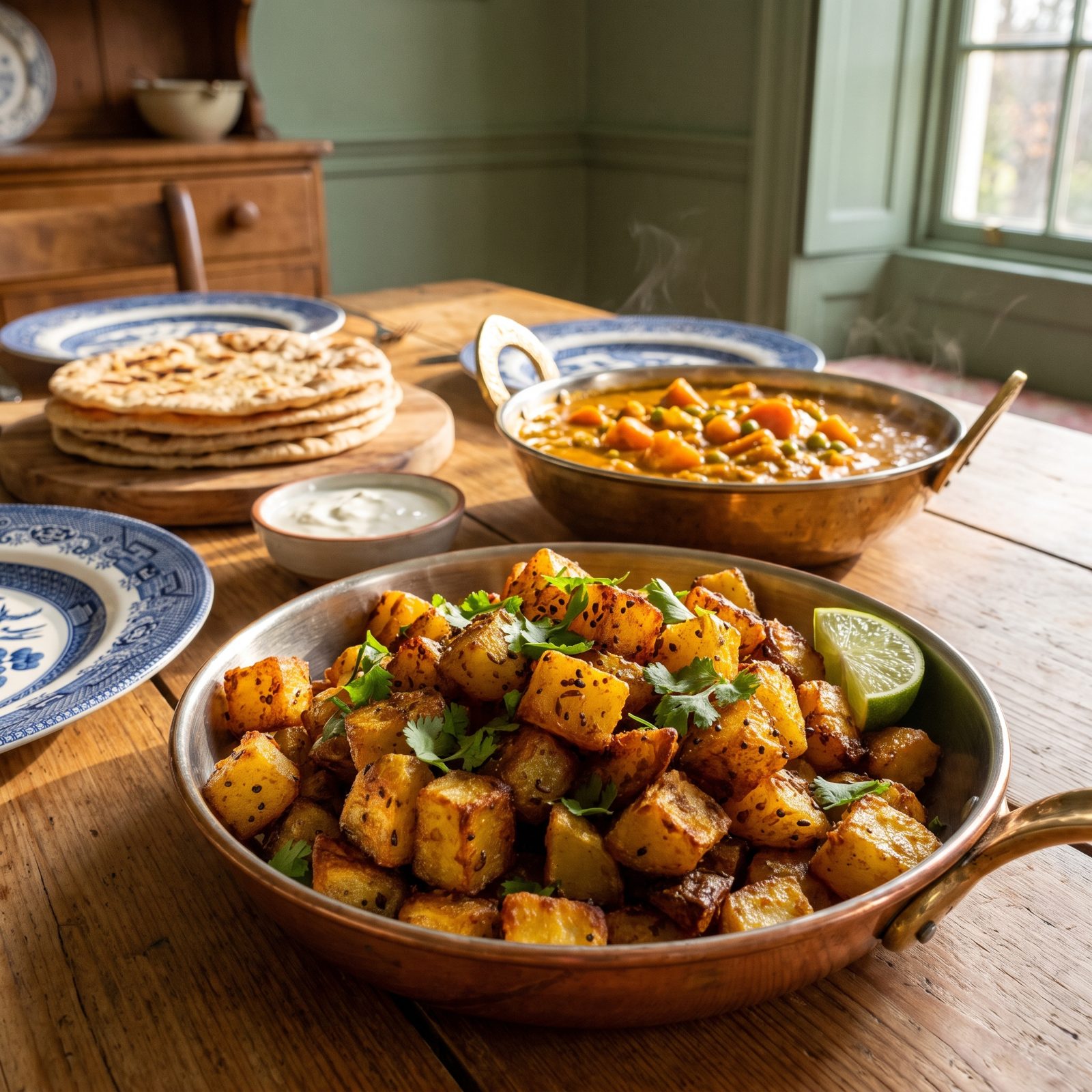 Vegetable Curry Upstaged by Crispy Spiced Potatoes