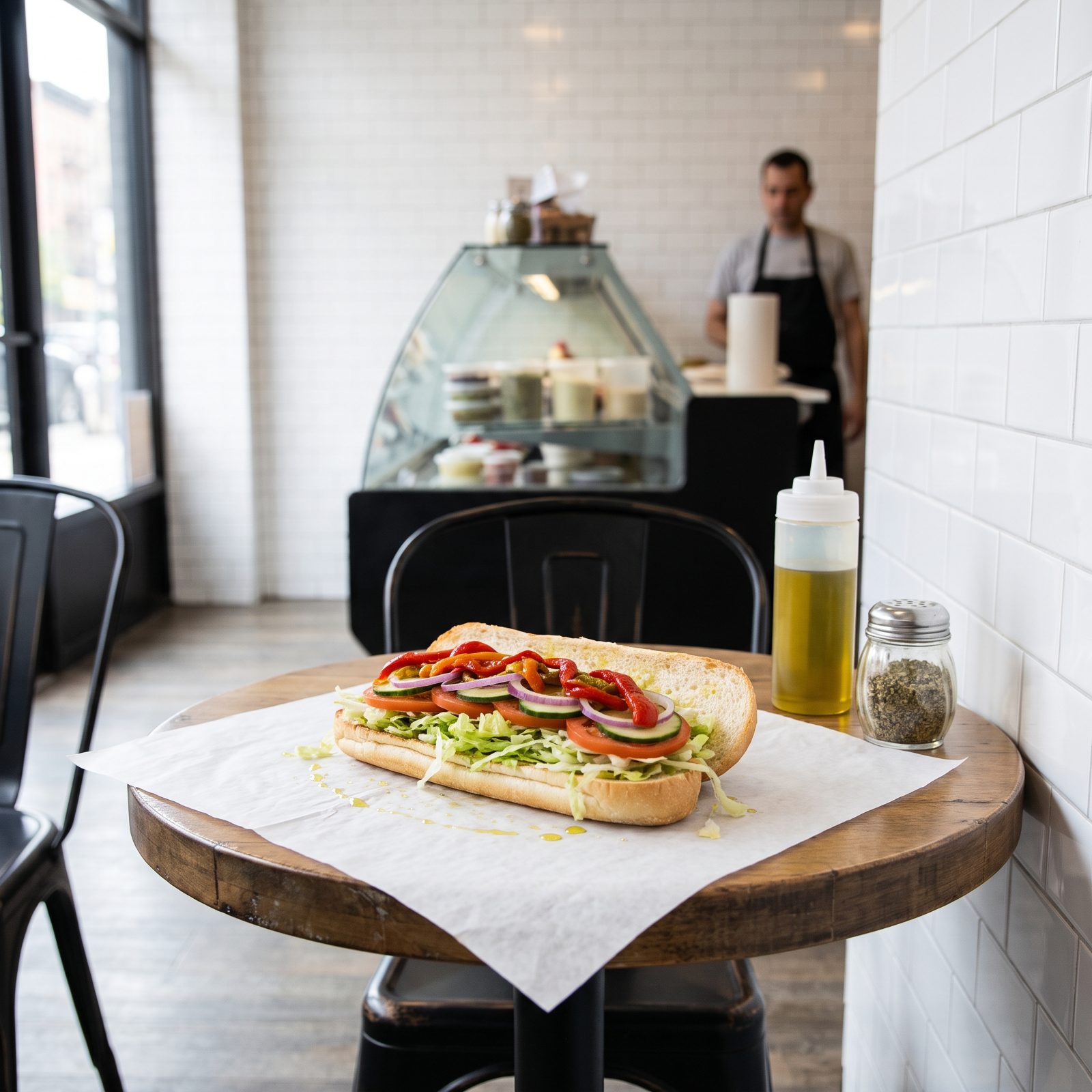 Deli table with an open-faced sub roll piled with lettuce, tomato, cucumber, onion and roasted peppers on white deli paper.