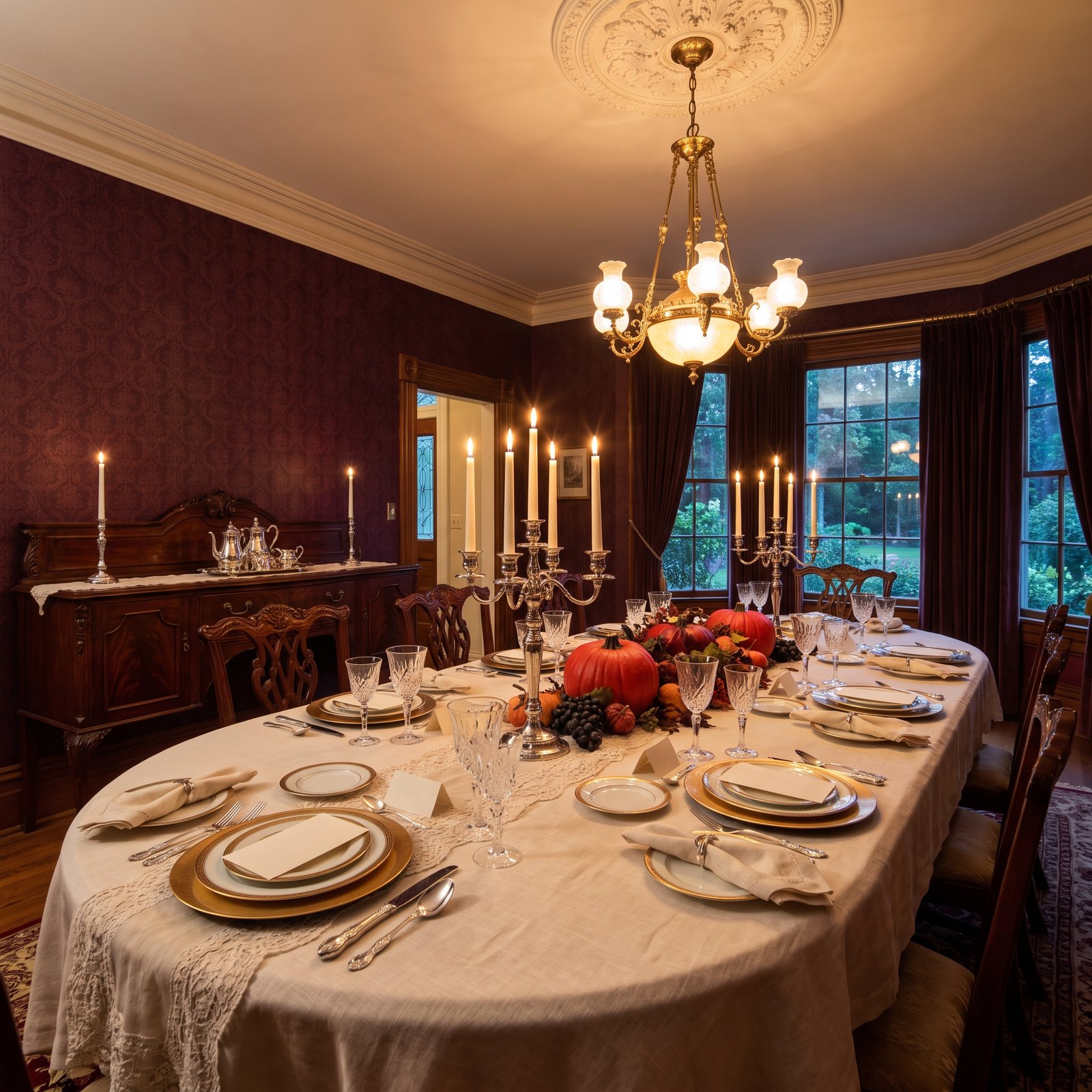 Velvet, Candelabras and Cinderella Pumpkins in a Victorian Dining Room